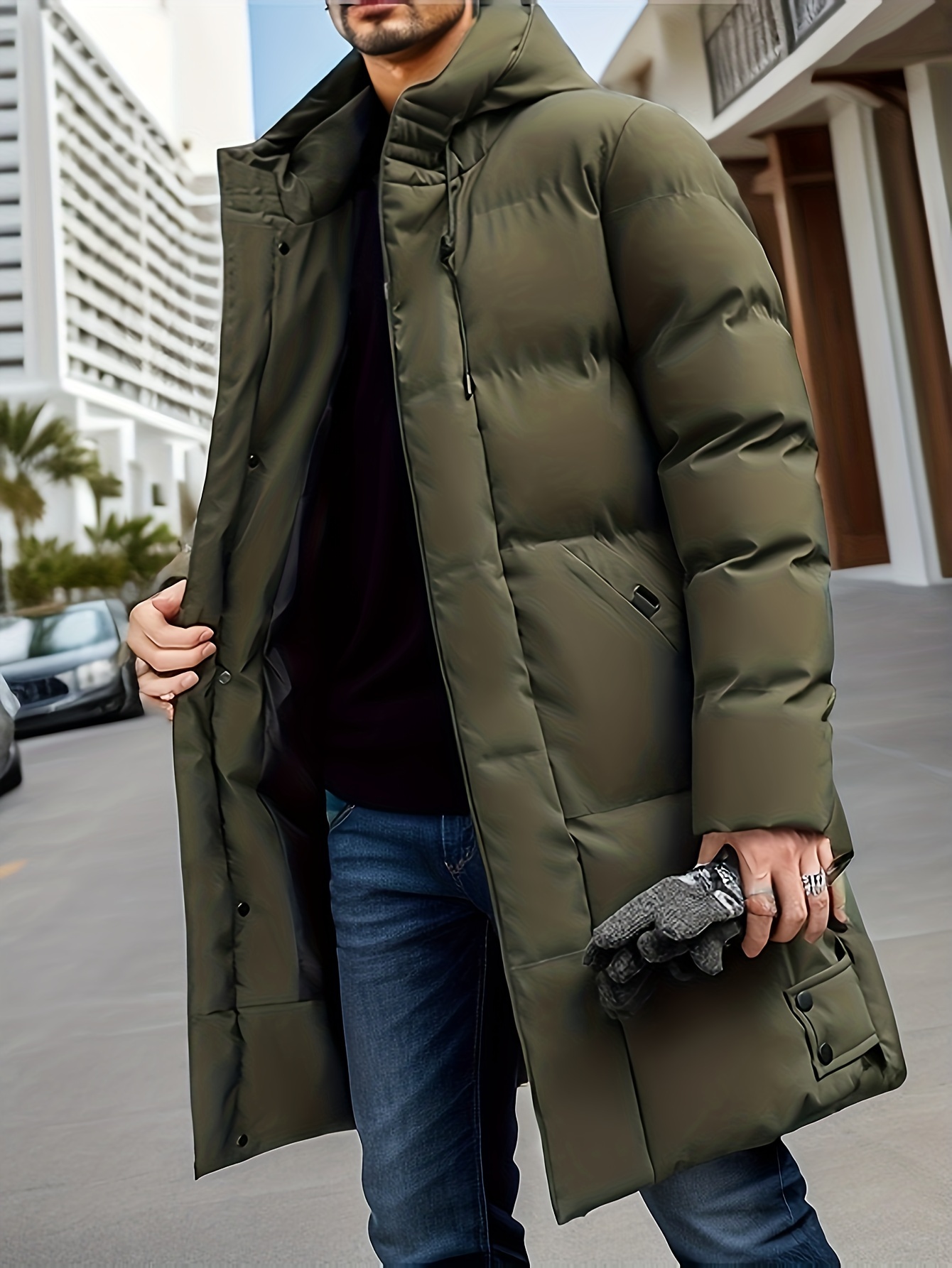 classic design warm hooded jacket mens casual solid color zip up cotton padded overcoat for fall winter outdoor details 2