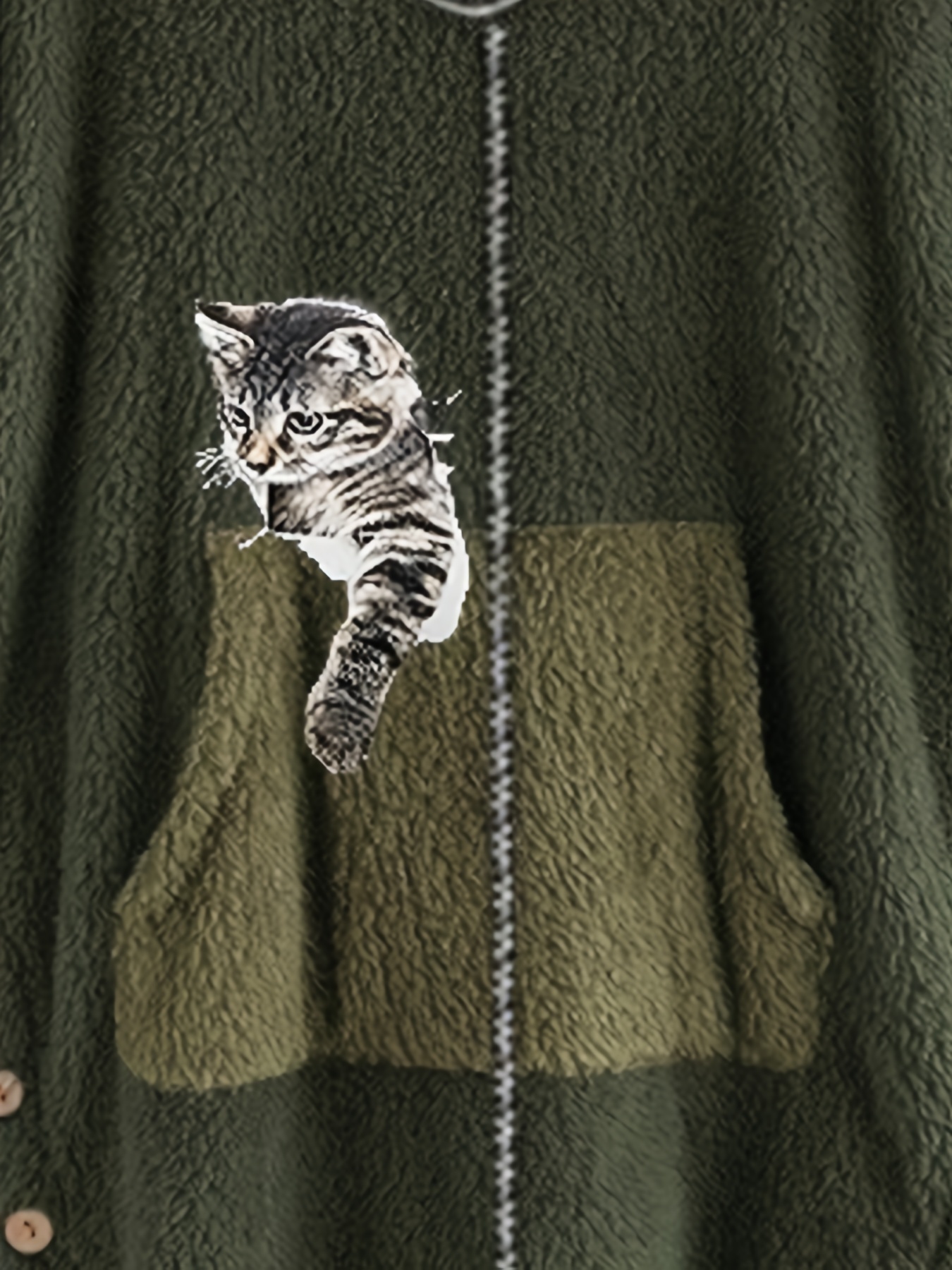 cat print zip front furry coat casual long sleeve slant pockets hoodie for fall winter womens clothing details 5