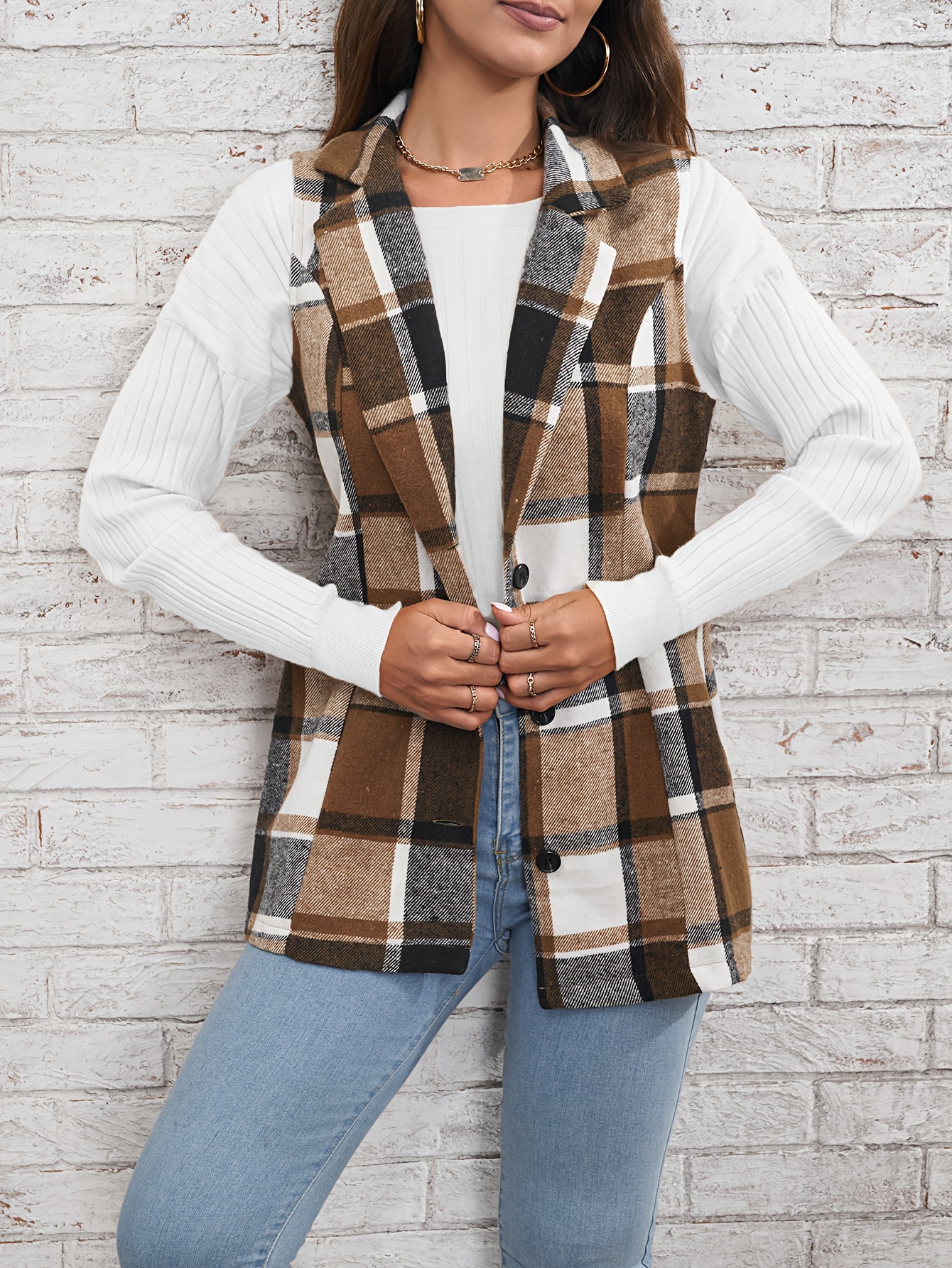 plaid single breasted lapel vest versatile sleeveless overcoat for office work womens clothing details 18