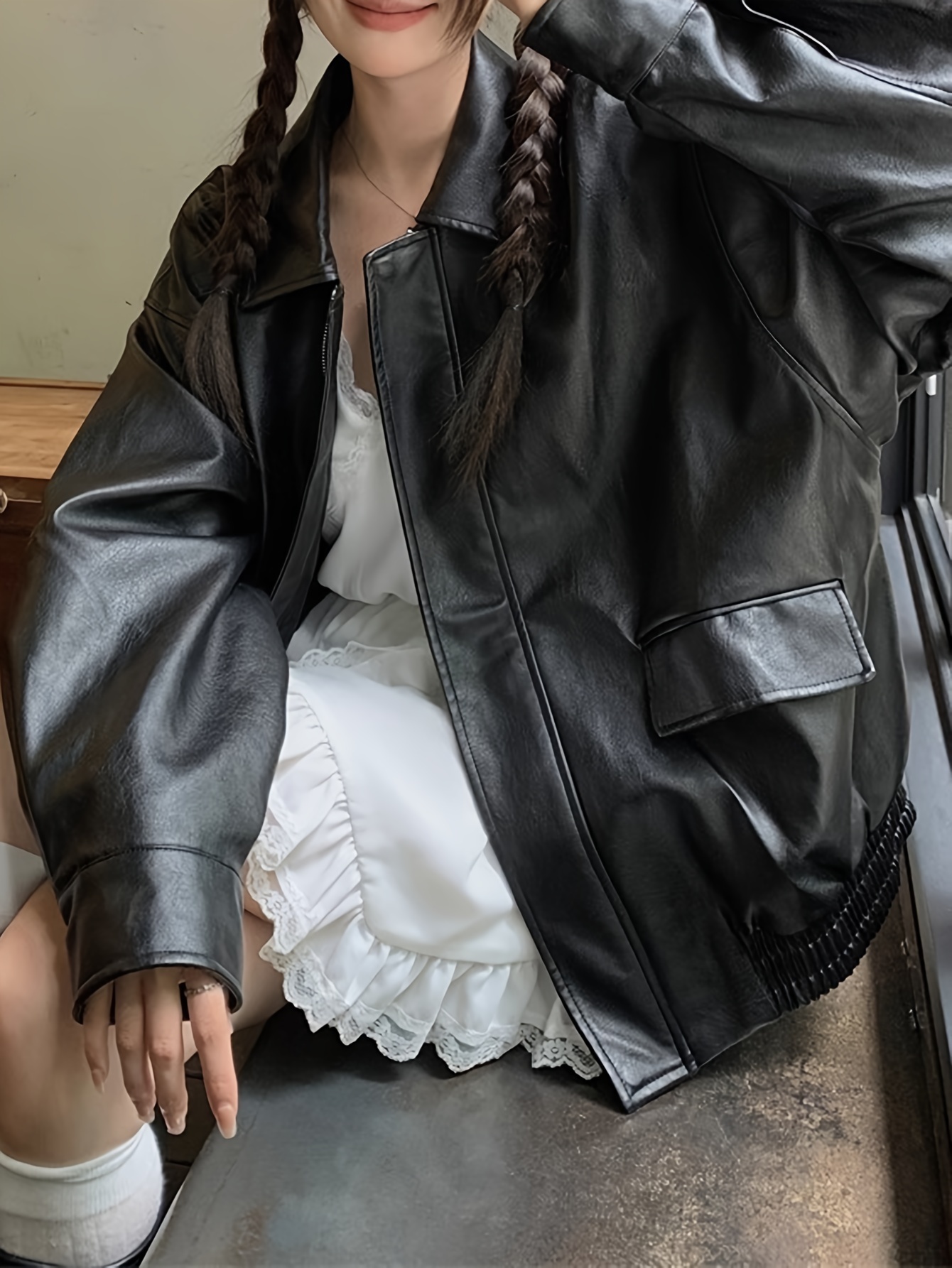 faux leather zip up jacket casual long sleeve jacket for fall winter womens clothing details 0