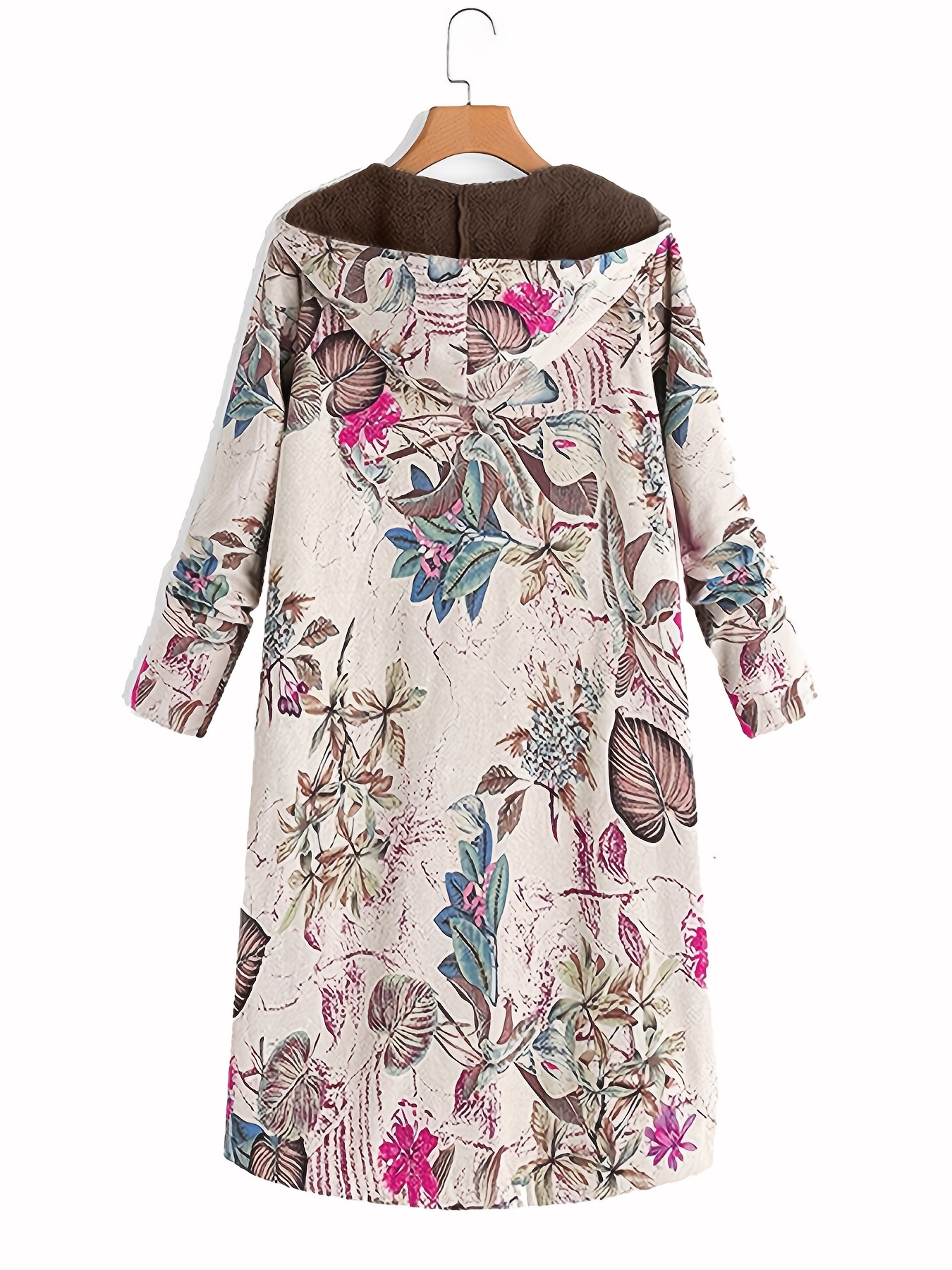 floral print pocket hooded coat casual longline long sleeve thermal coat for fall winter womens clothing details 1