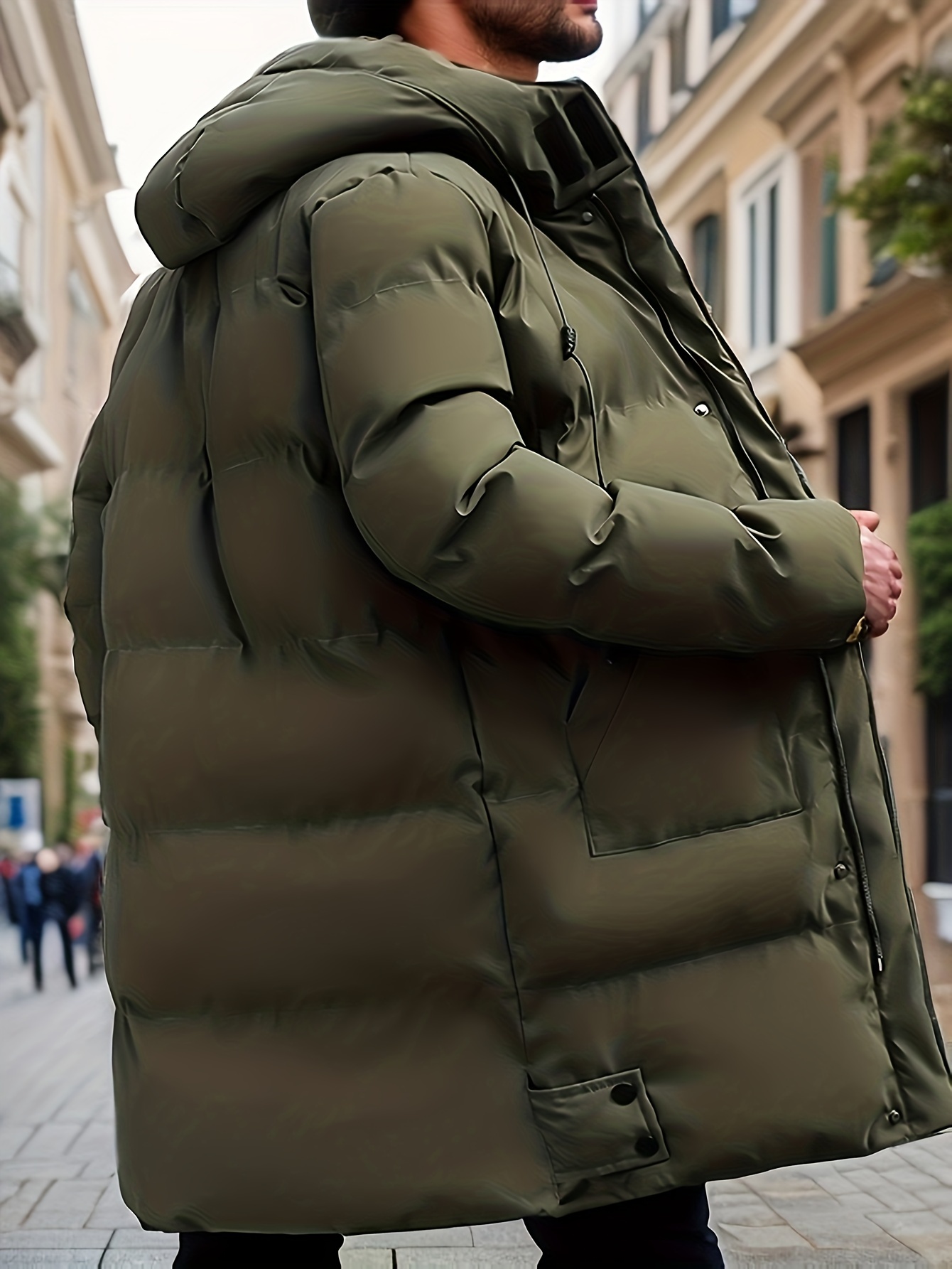 classic design warm hooded jacket mens casual solid color zip up cotton padded overcoat for fall winter outdoor details 3