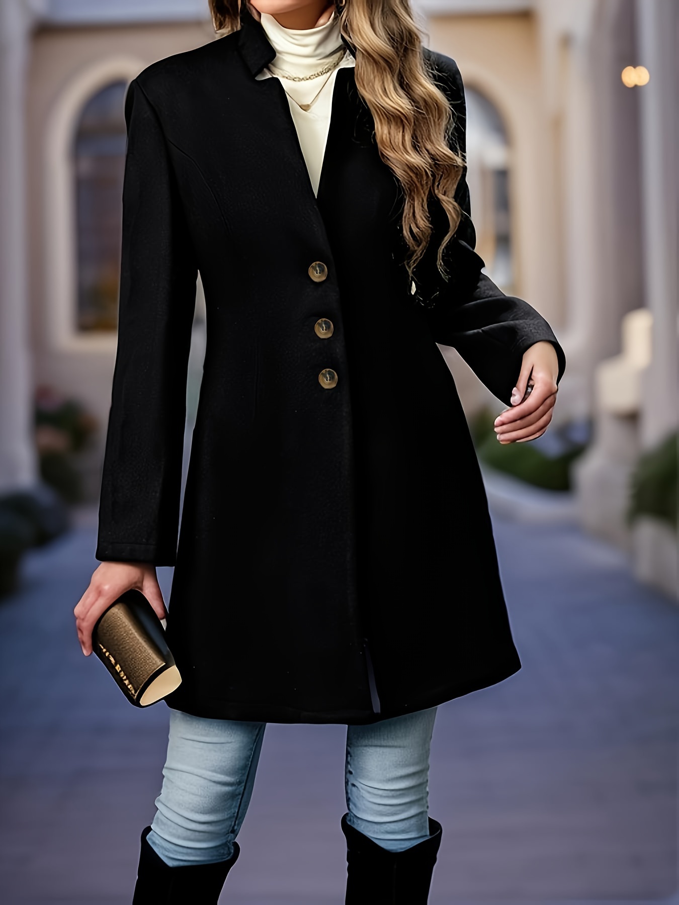 solid button front tunic overcoat elegant long sleeve winter outwear womens clothing details 23