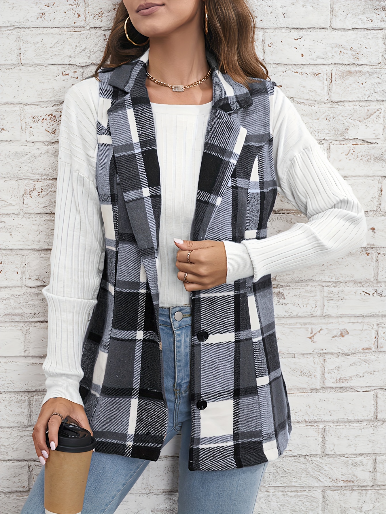 plaid single breasted lapel vest versatile sleeveless overcoat for office work womens clothing details 13