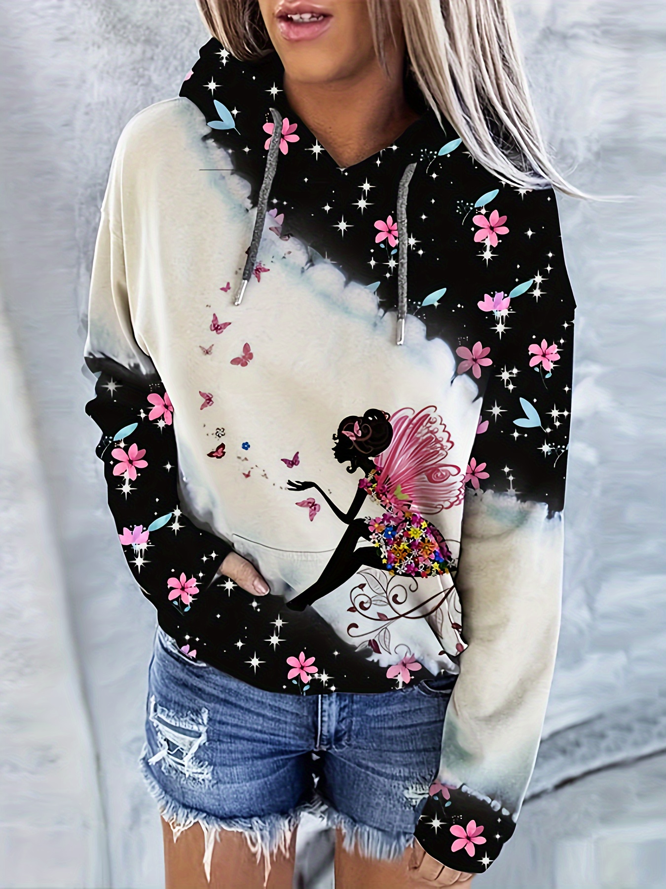 plaid car tree print drawstring hoodie casual long sleeve drop shoulder hoodie womens clothing details 0