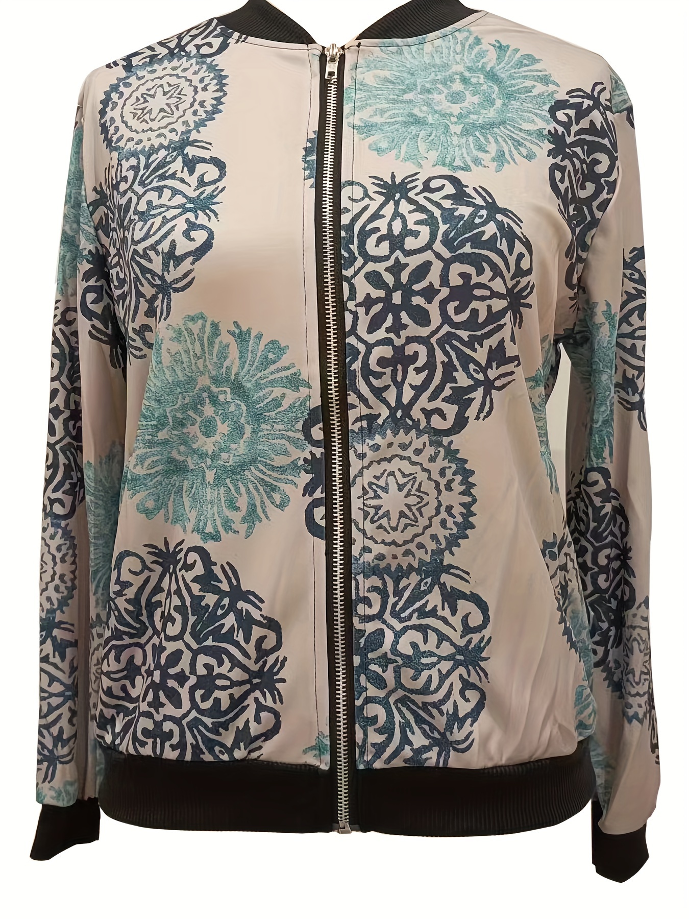 cute cat print bomber jacket casual long sleeve zipper outwear for fall winter womens clothing details 1