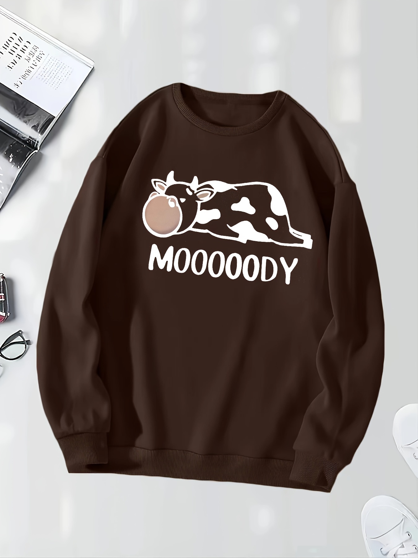 cow letter print pullover sweatshirt casual long sleeve crew neck sweatshirt for fall winter womens clothing details 0