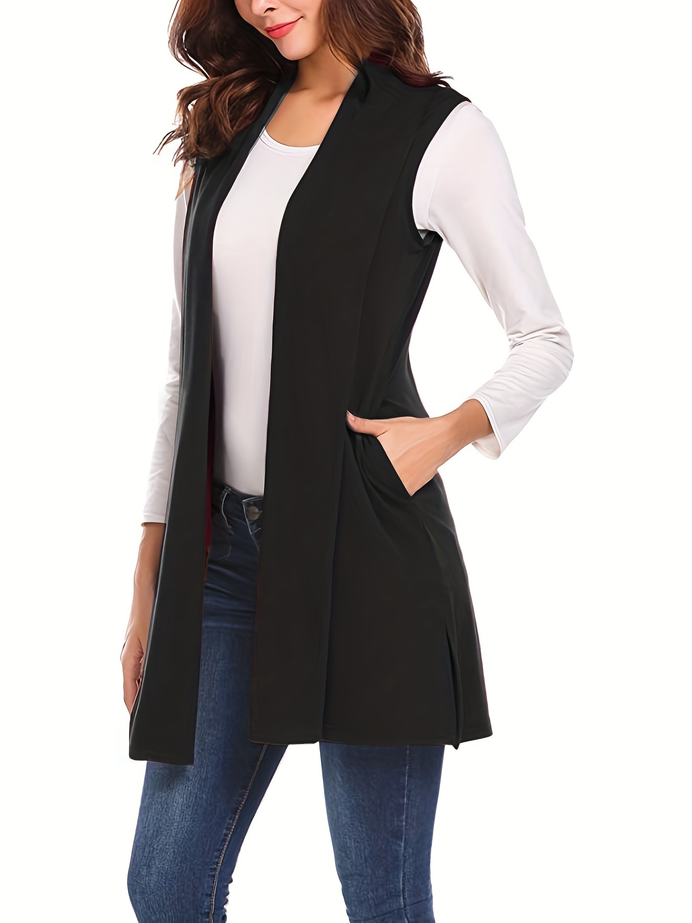 solid sleeveless vest elegant mid length open front vest with pockets womens clothing details 38