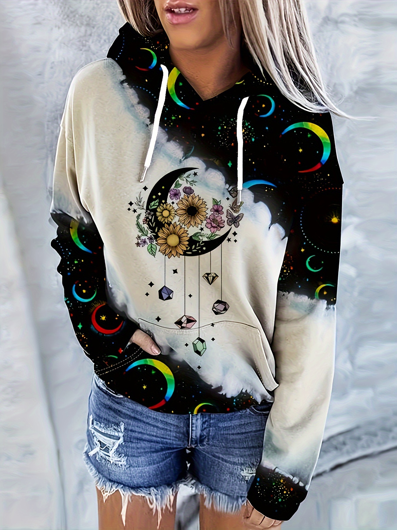 color block moon star print drawstring hoodie casual long sleeve kangaroo pocket hoodie sweatshirt womens clothing details 10