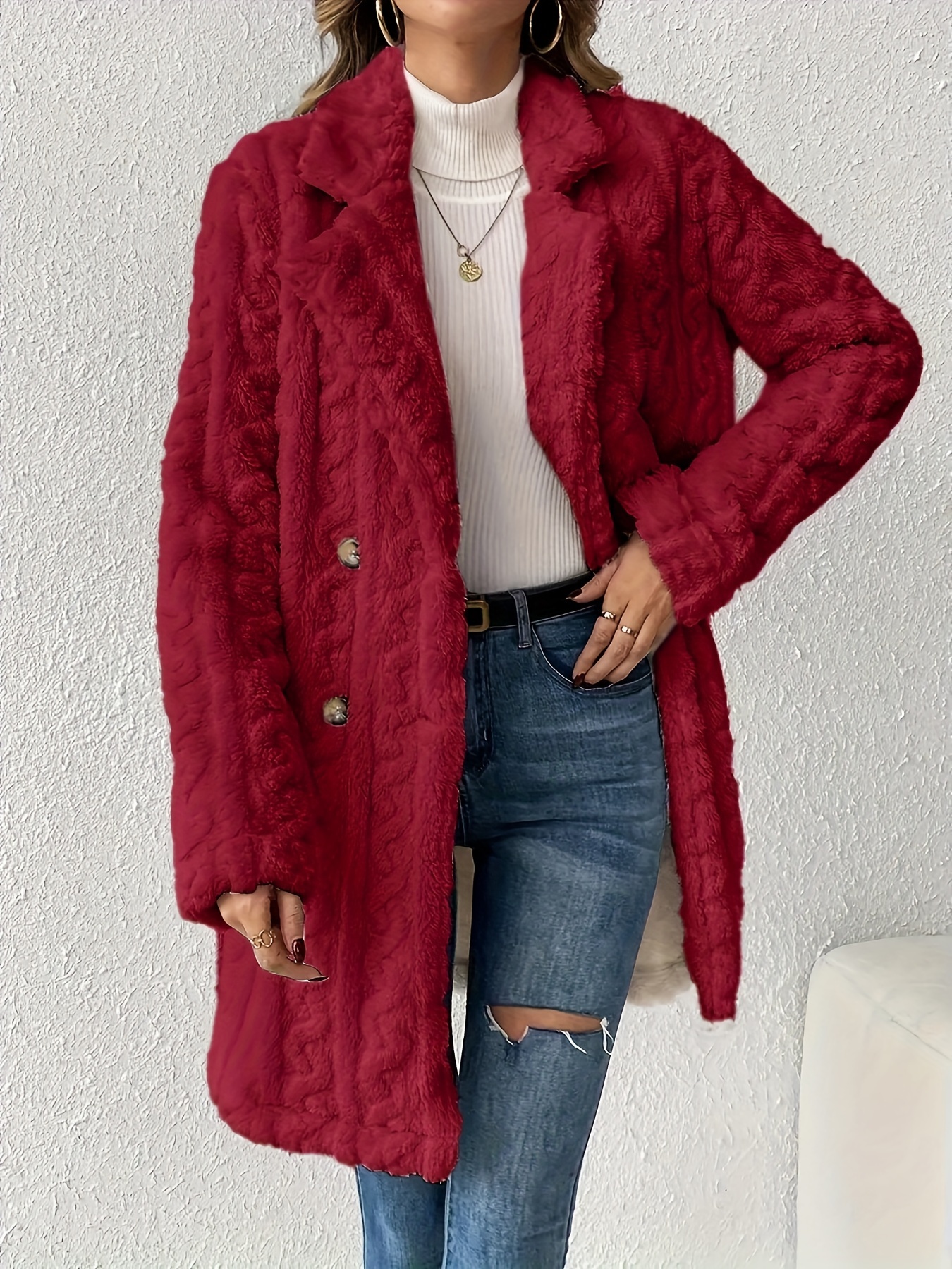 double breasted lapel teddy coat versatile long sleeve textured thermal winter outwear womens clothing details 5