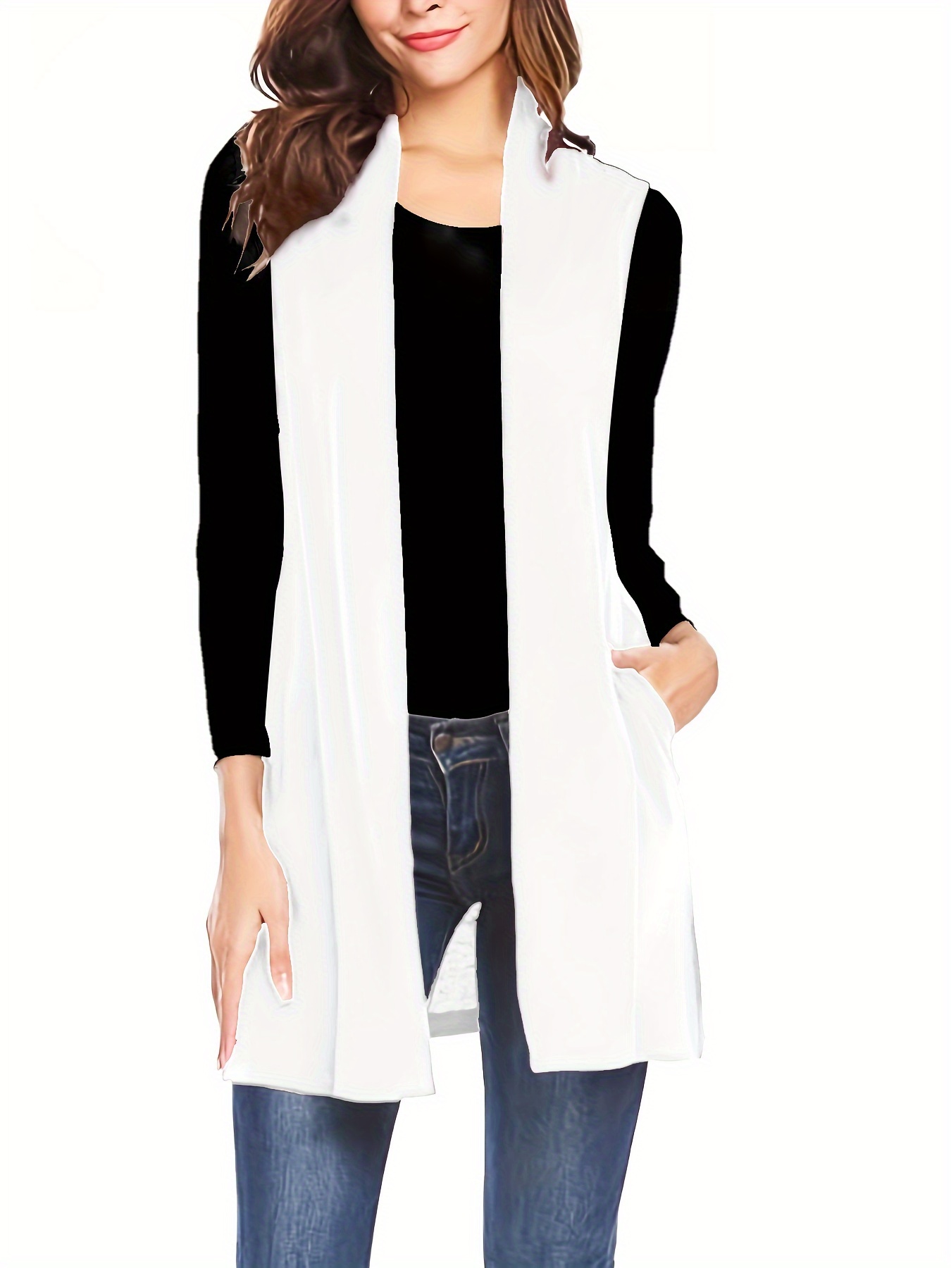 solid sleeveless vest elegant mid length open front vest with pockets womens clothing details 3