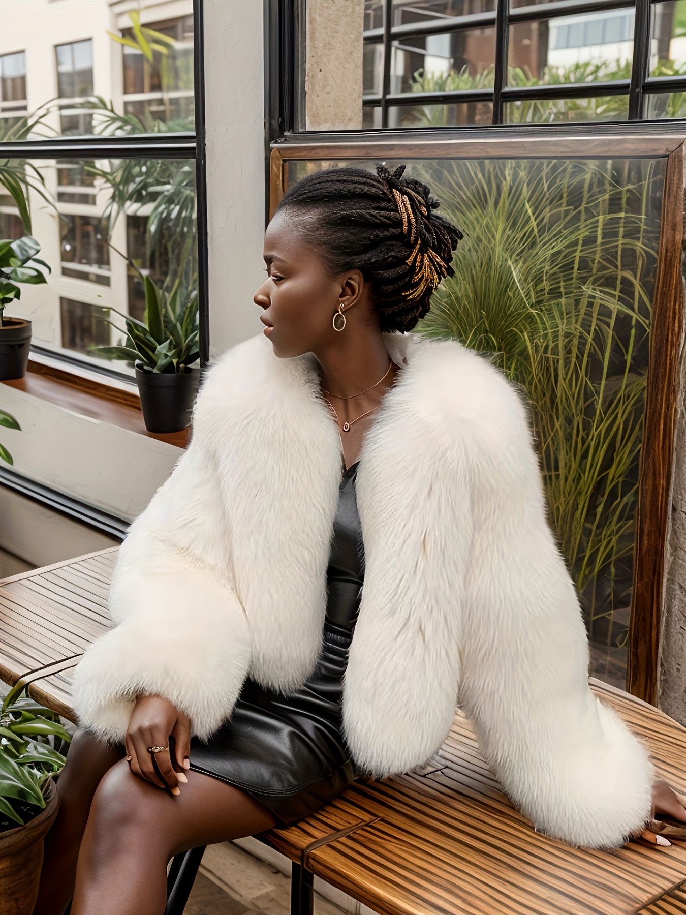 solid open front teddy coat elegant faux fur thermal winter outwear womens clothing details 3