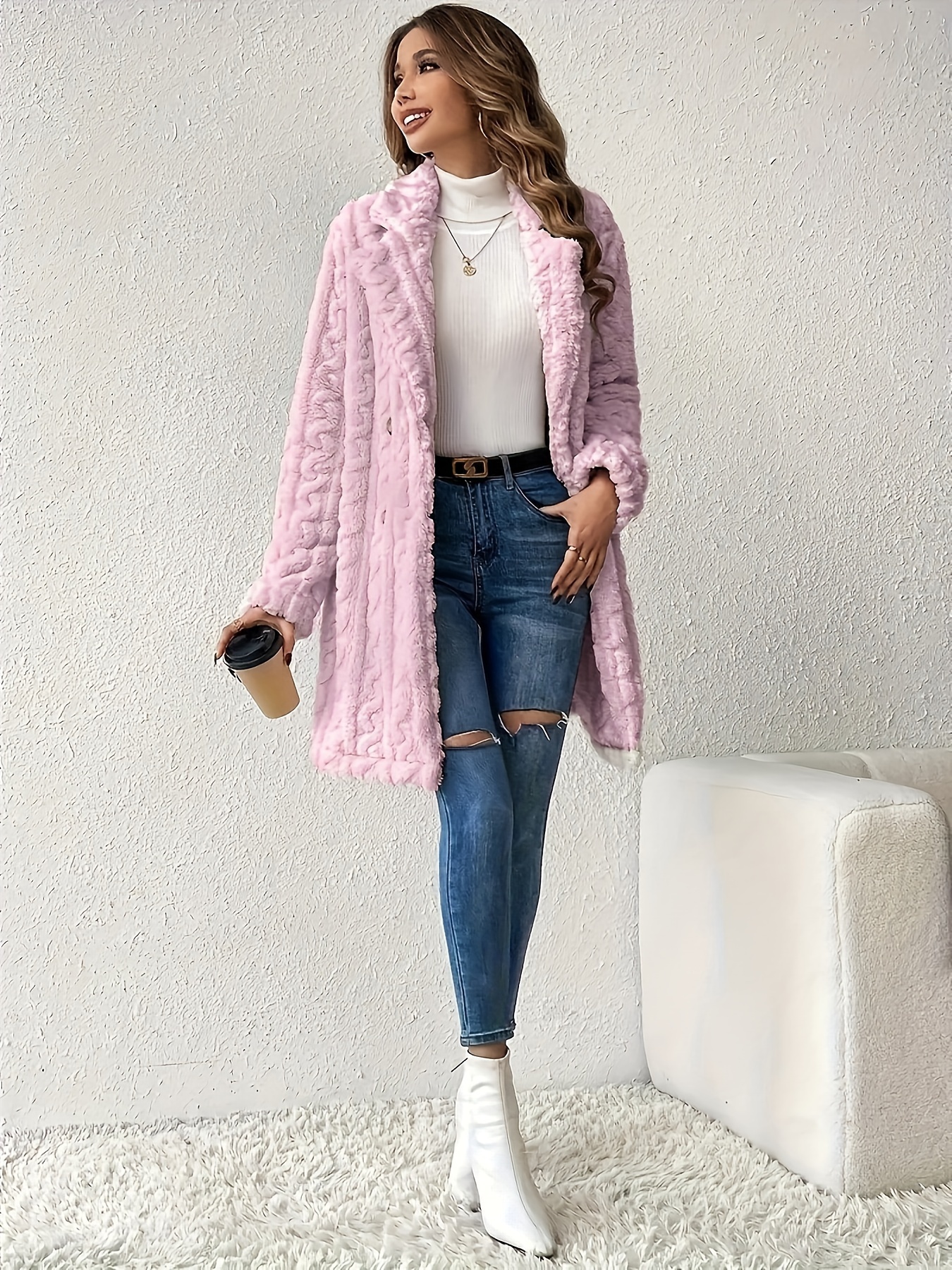 double breasted lapel teddy coat versatile long sleeve textured thermal winter outwear womens clothing details 14
