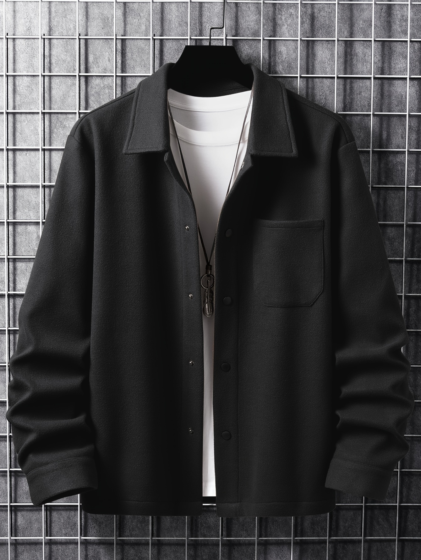 Men s Casual Button Up Chest Pocket Lapel Coat details 1