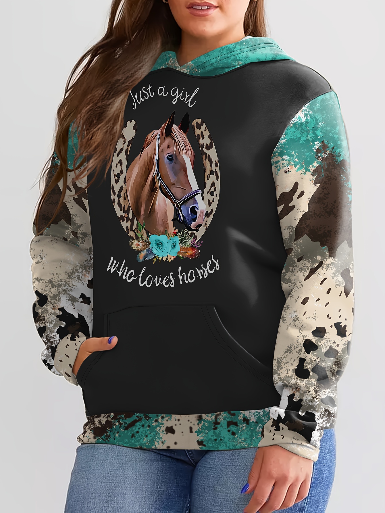 horse print kangaroo pocket hoodie casual long sleeve western style hoodies sweatshirt womens clothing details 0
