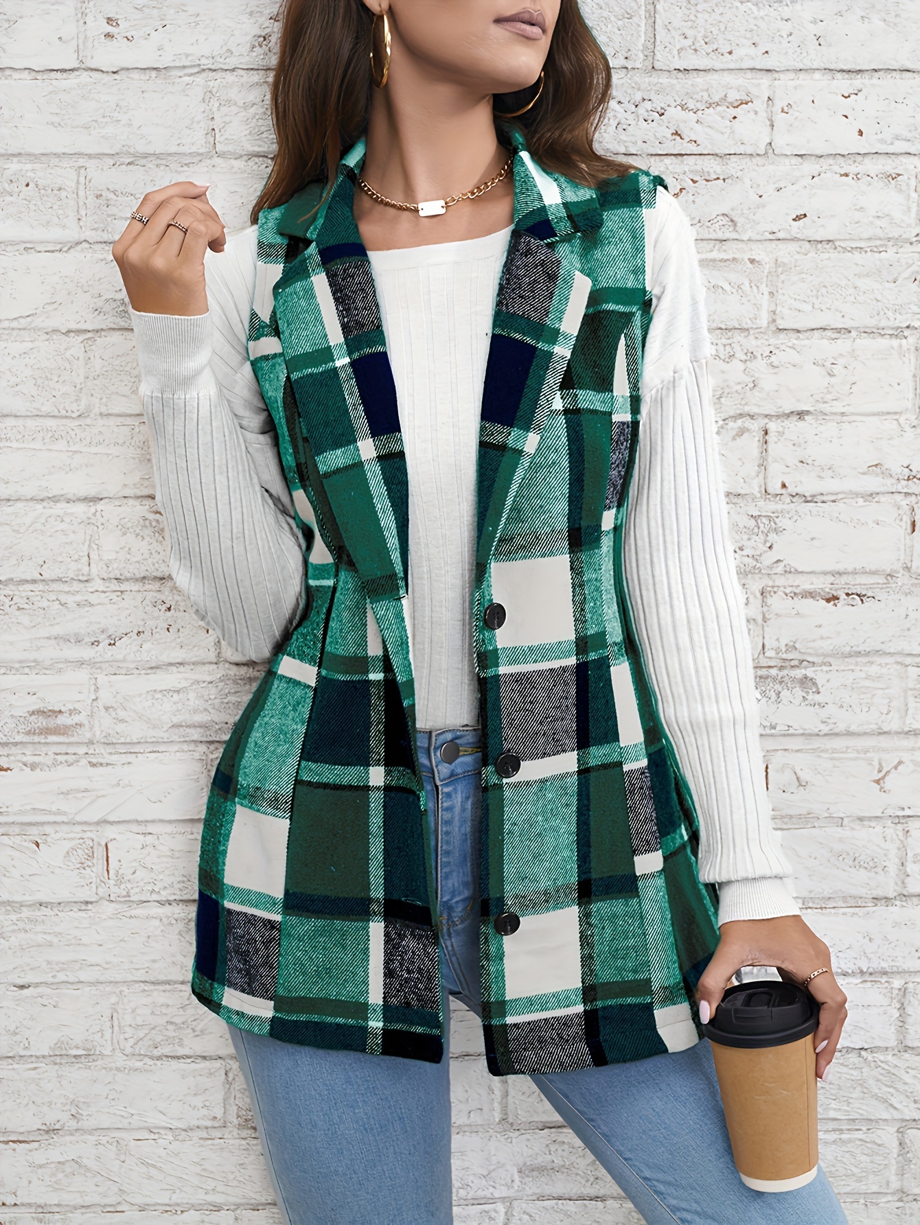 plaid single breasted lapel vest versatile sleeveless overcoat for office work womens clothing details 8
