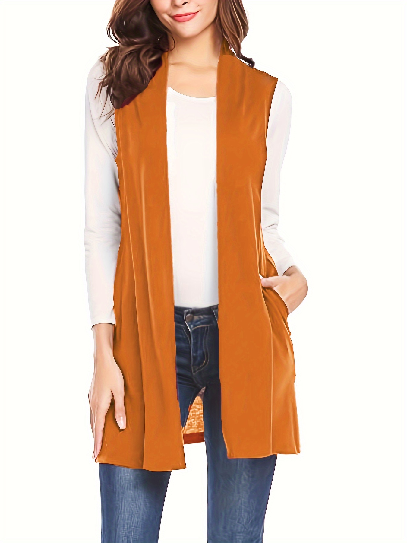 solid sleeveless vest elegant mid length open front vest with pockets womens clothing details 0