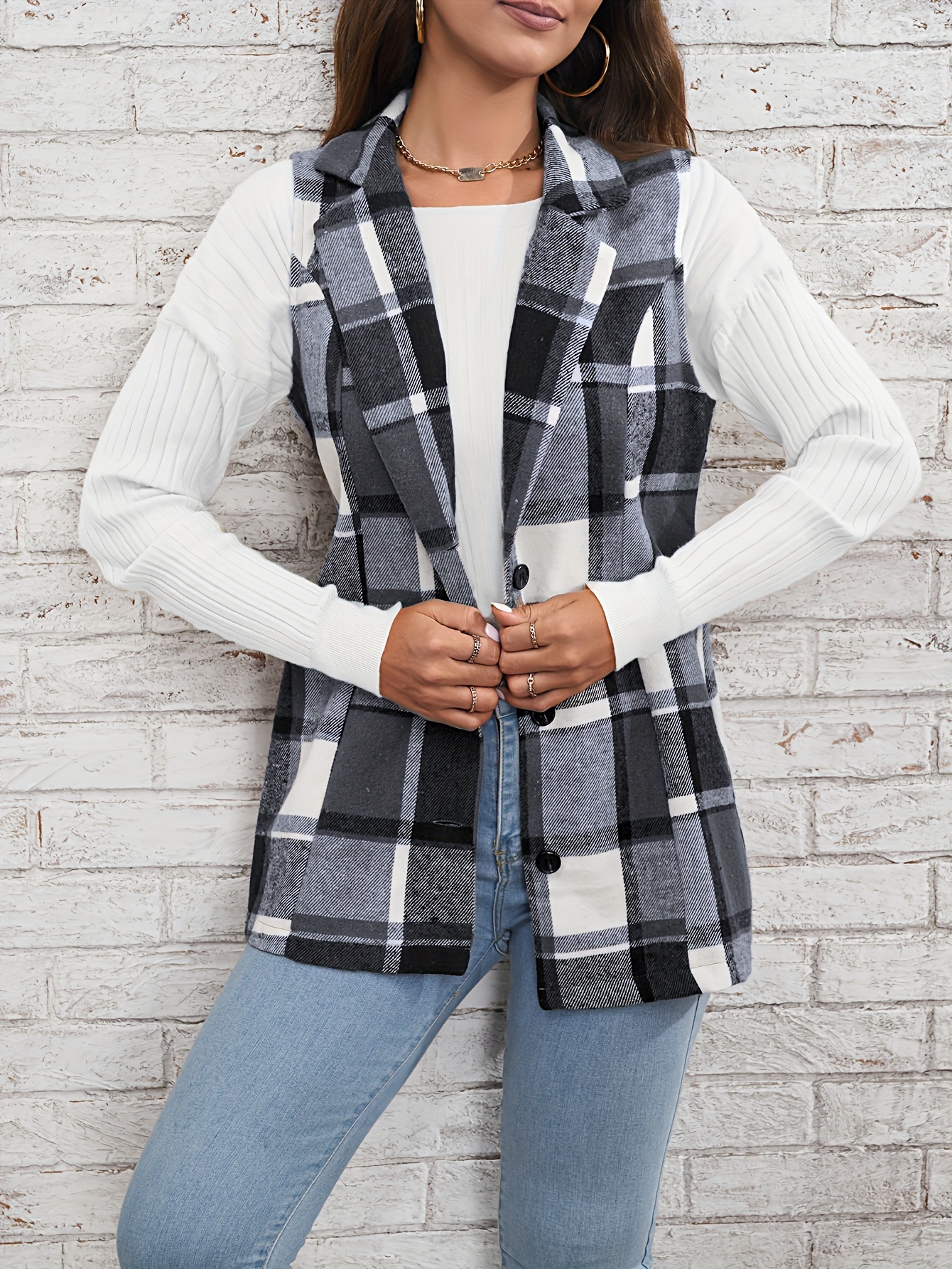 plaid single breasted lapel vest versatile sleeveless overcoat for office work womens clothing details 14
