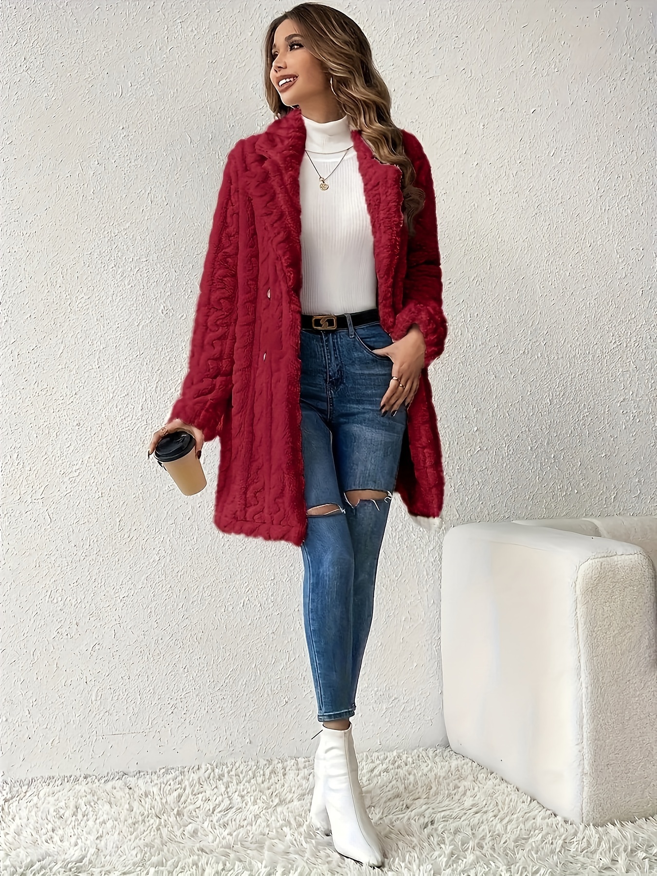 double breasted lapel teddy coat versatile long sleeve textured thermal winter outwear womens clothing details 9