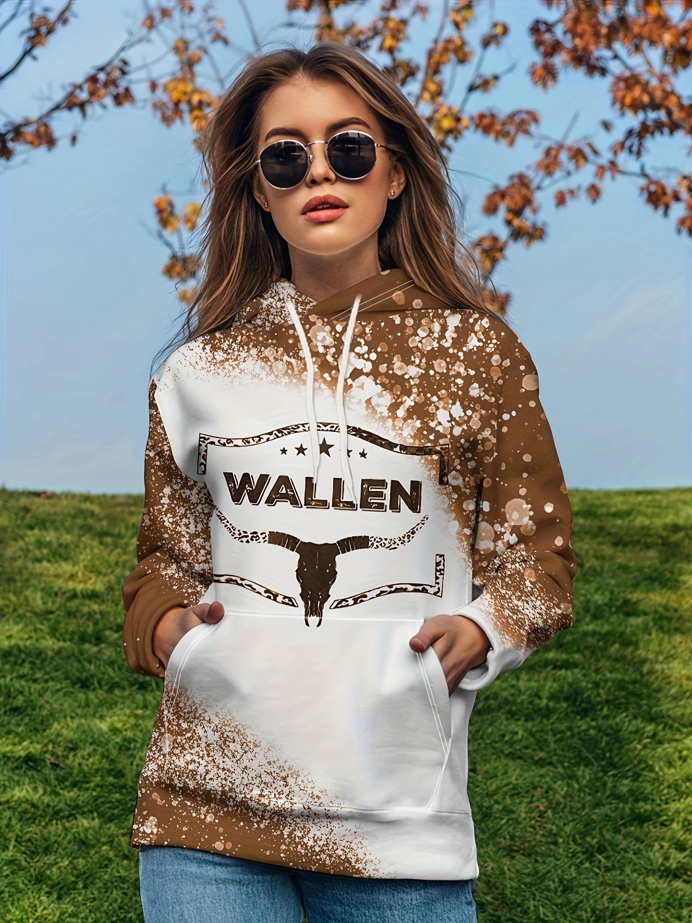 bull head print kangaroo pocket hoodie casual long sleeve drawstring hoodies sweatshirt womens clothing details 0