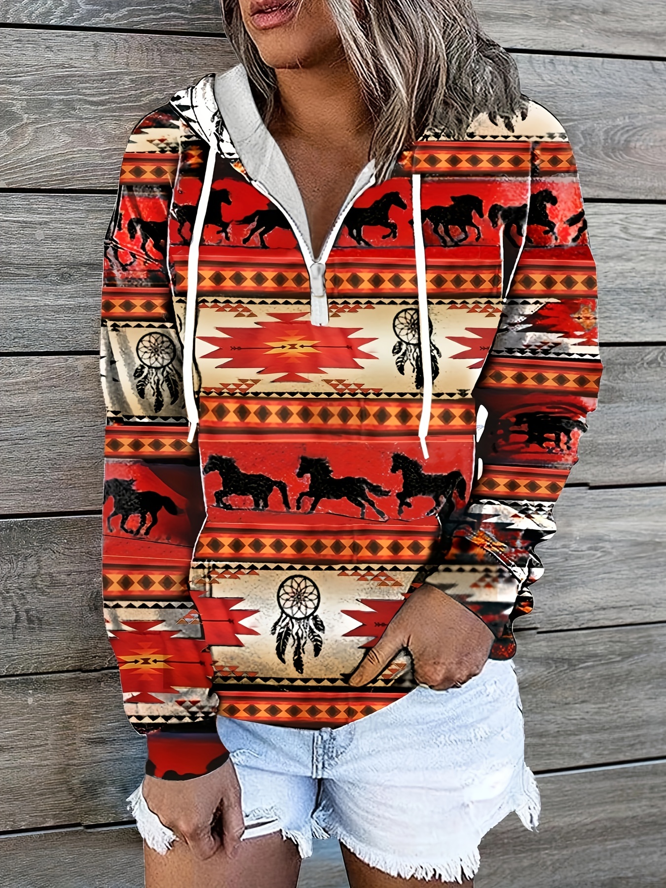 aztec print drawstring hoodies ethnic kangaroo pocket long sleeve sweatshirt womens clothing details 6