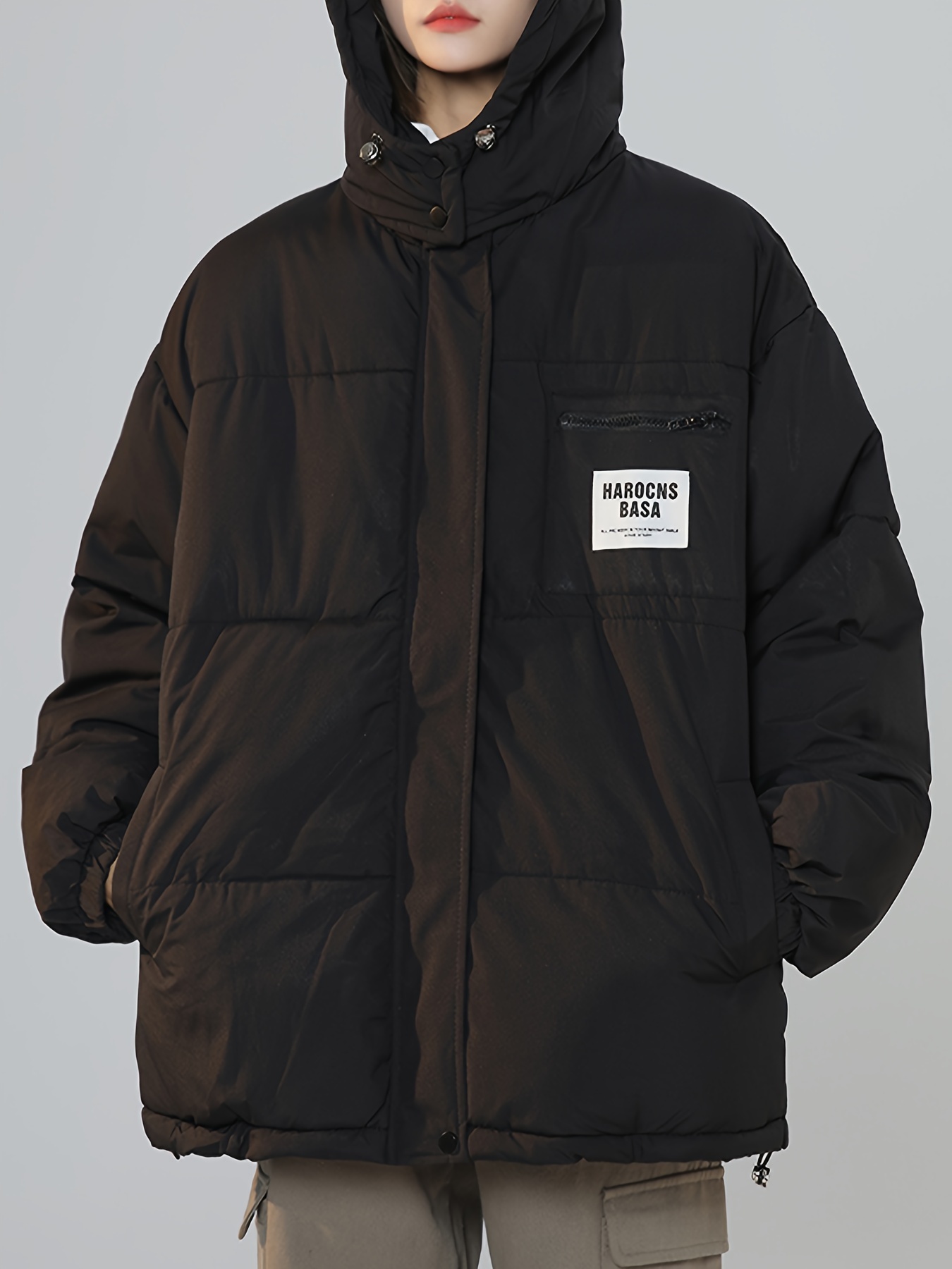 letter label patched hooded coat versatile long sleeve zipper thermal coat womens clothing details 13