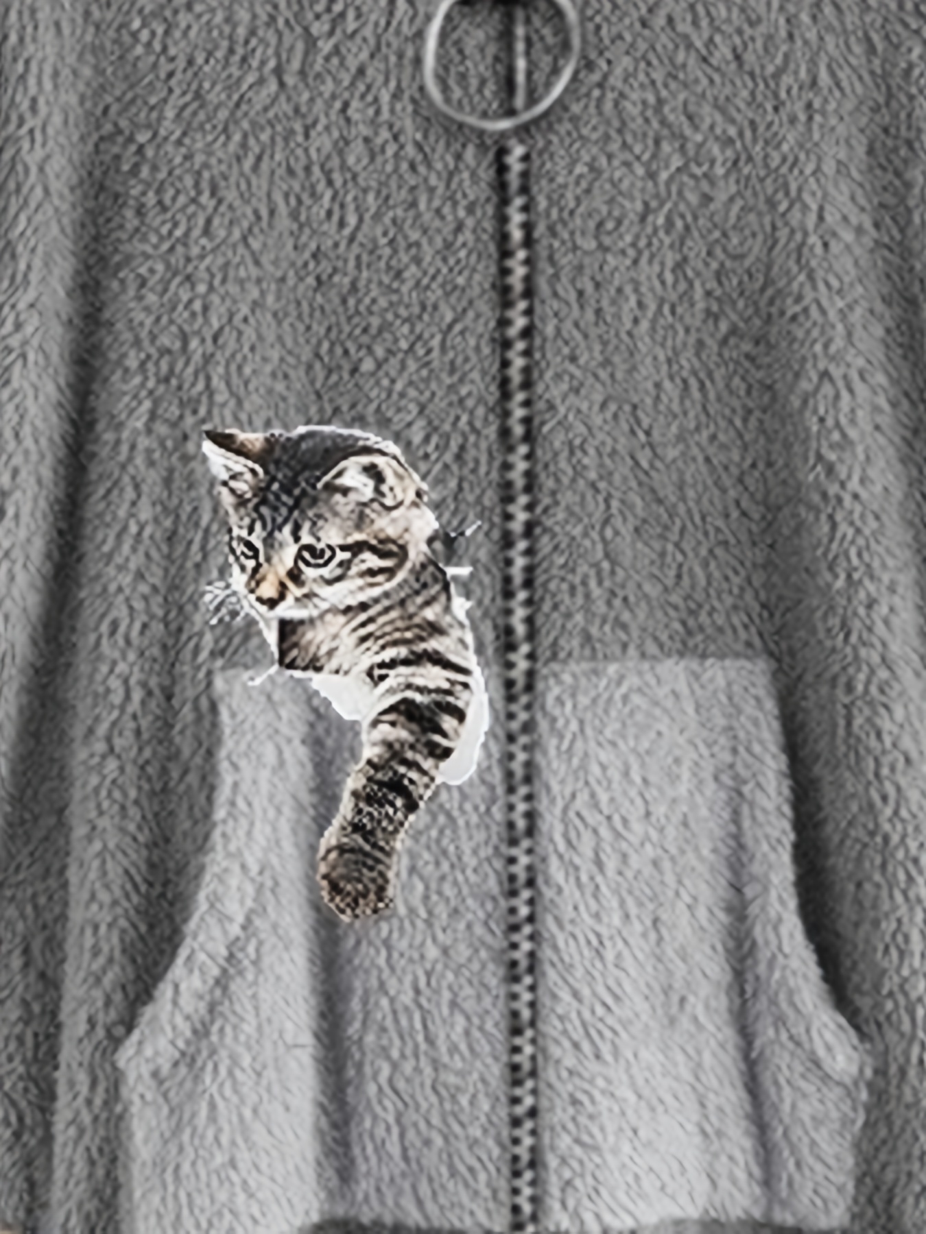 cat print zip front furry coat casual long sleeve slant pockets hoodie for fall winter womens clothing details 8