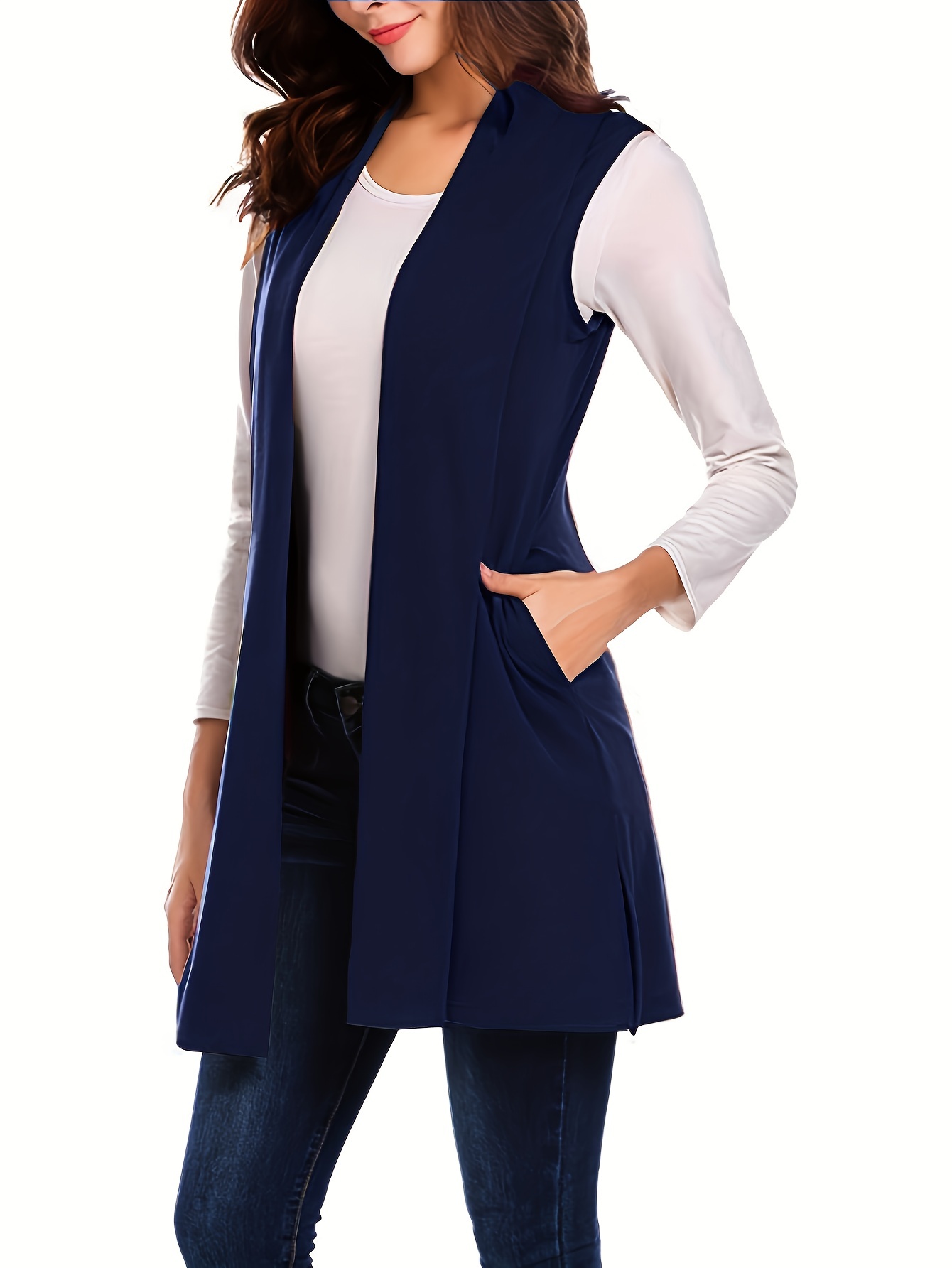 solid sleeveless vest elegant mid length open front vest with pockets womens clothing details 13