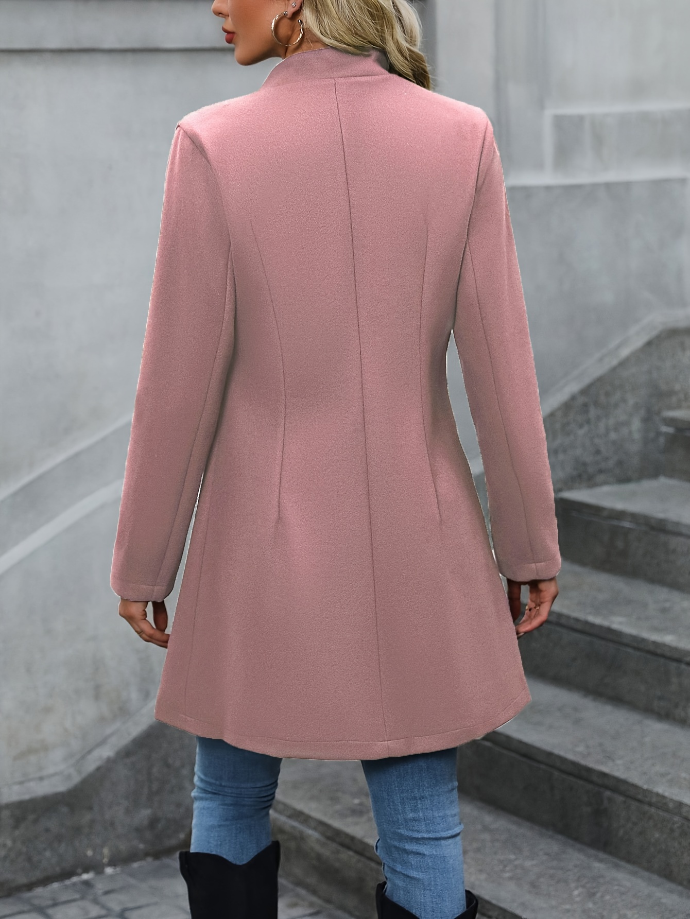 solid button front tunic overcoat elegant long sleeve winter outwear womens clothing details 13