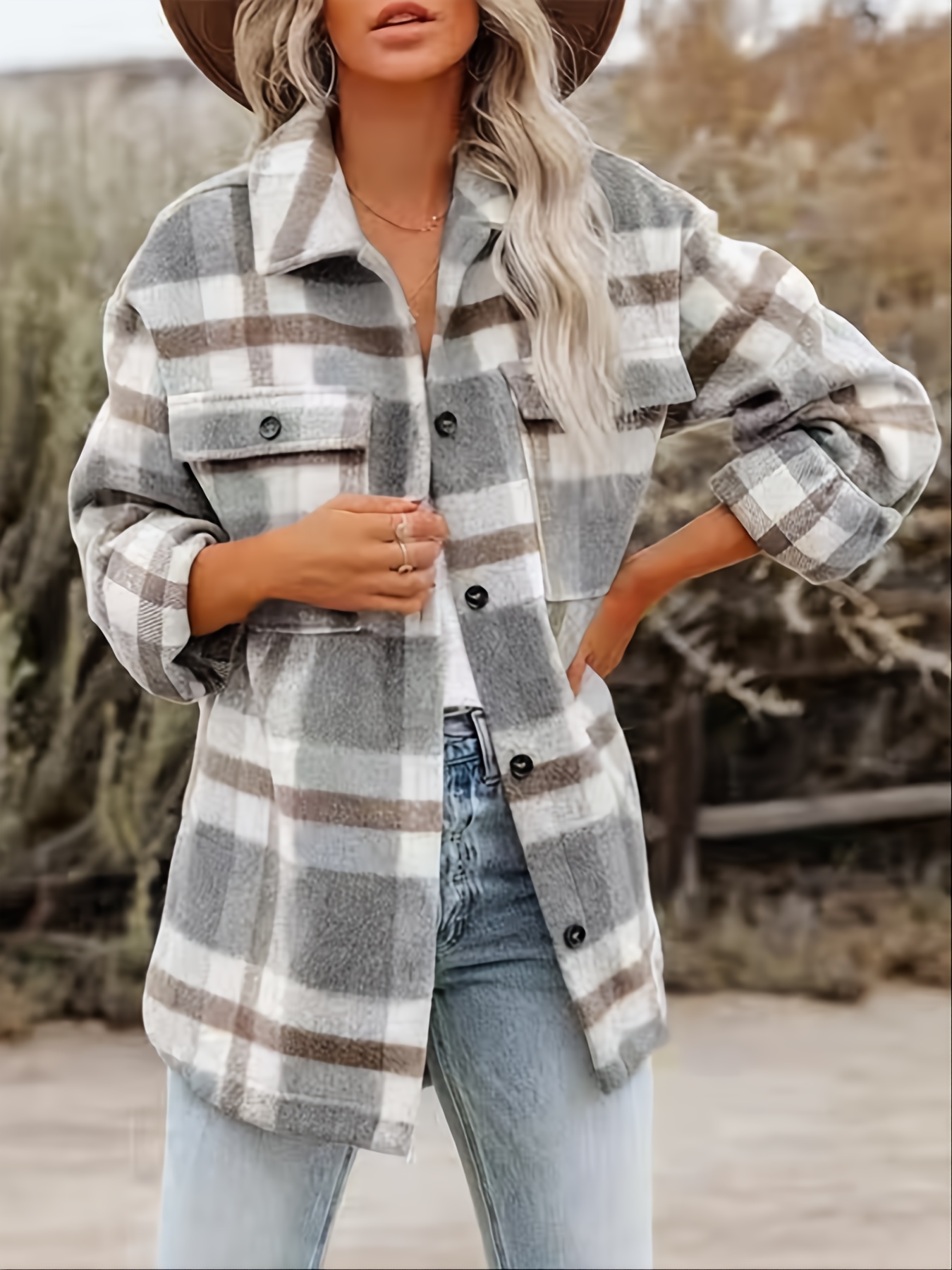 stylish plaid button down long sleeve jacket loose lapel plaid jacket womens clothing details 3