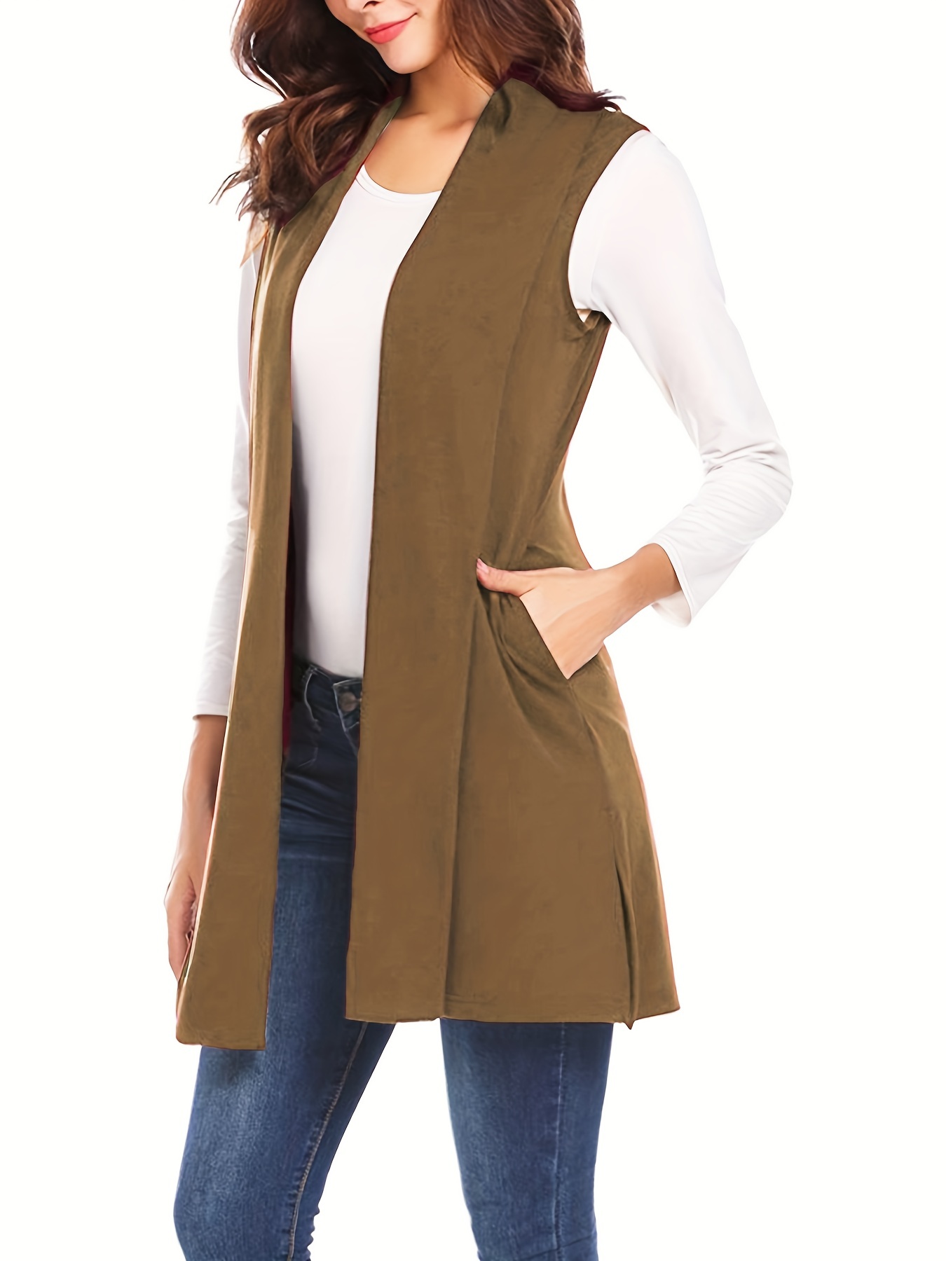 solid sleeveless vest elegant mid length open front vest with pockets womens clothing details 20