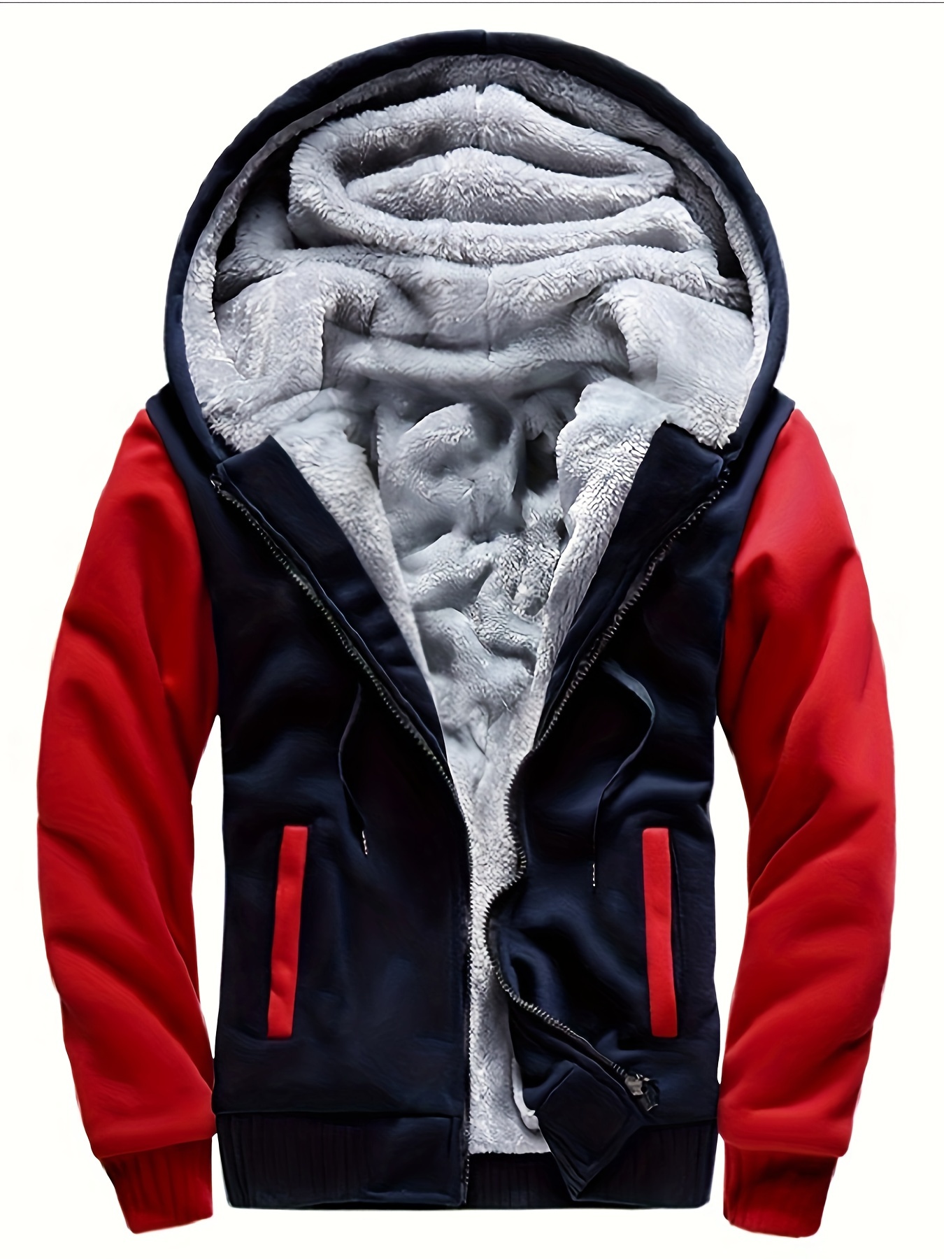 mens warm fleece hooded jacket casual color block jacket coat for fall winter details 6