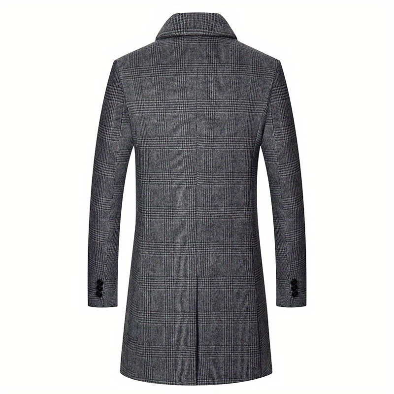 mens elegant woolen trench coat casual elegant single breasted retro plaid overcoat for fall winter details 4