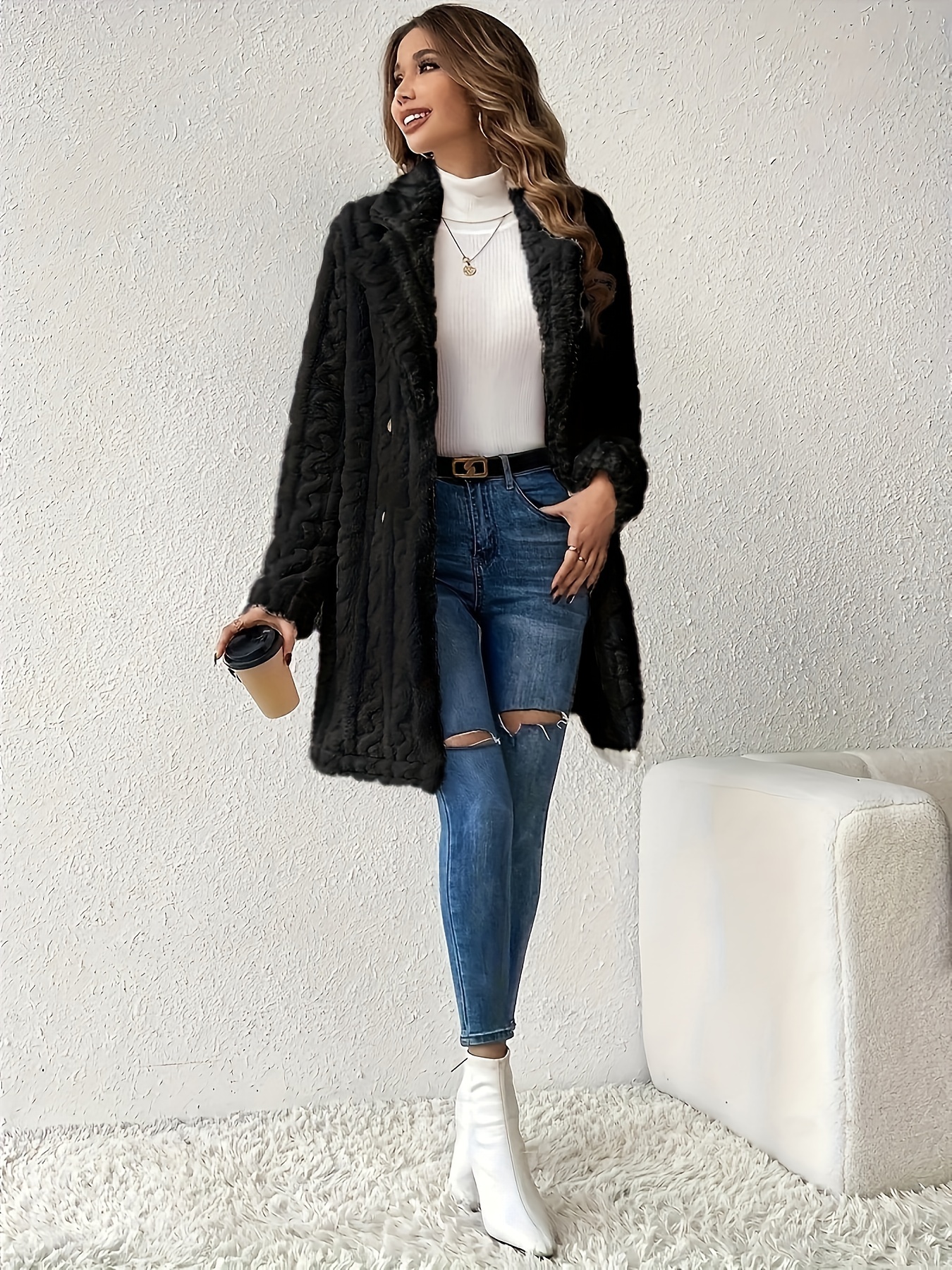 double breasted lapel teddy coat versatile long sleeve textured thermal winter outwear womens clothing details 19
