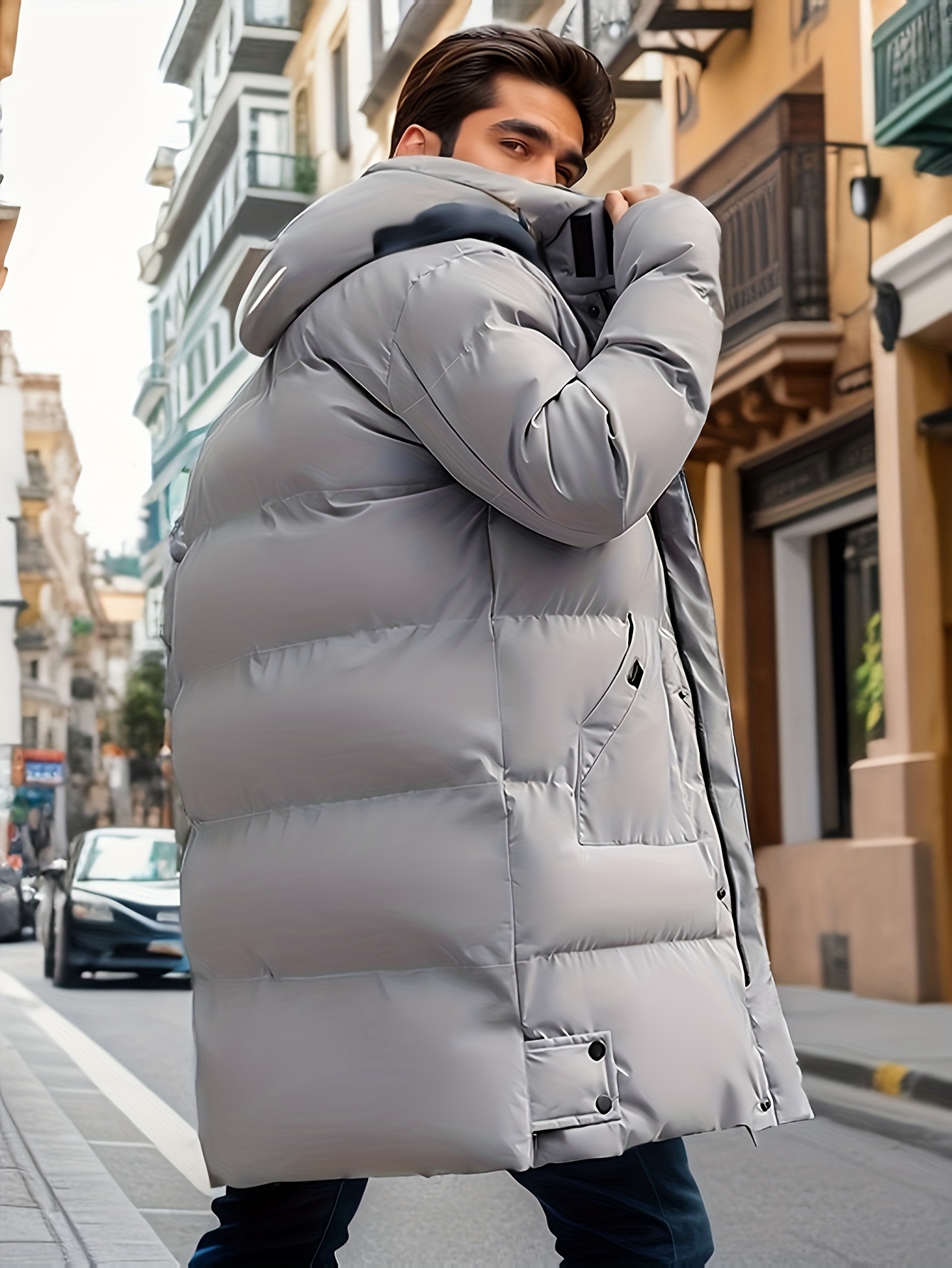 classic design warm hooded jacket mens casual solid color zip up cotton padded overcoat for fall winter outdoor details 4