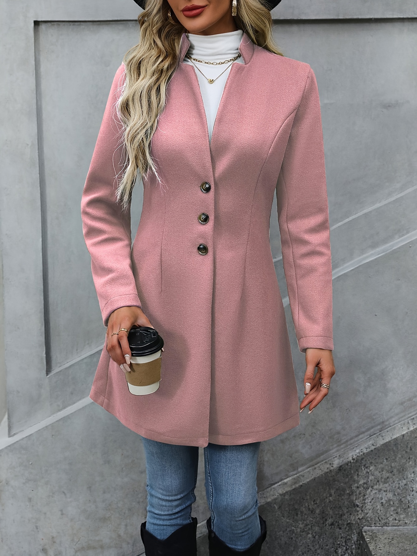 solid button front tunic overcoat elegant long sleeve winter outwear womens clothing details 12