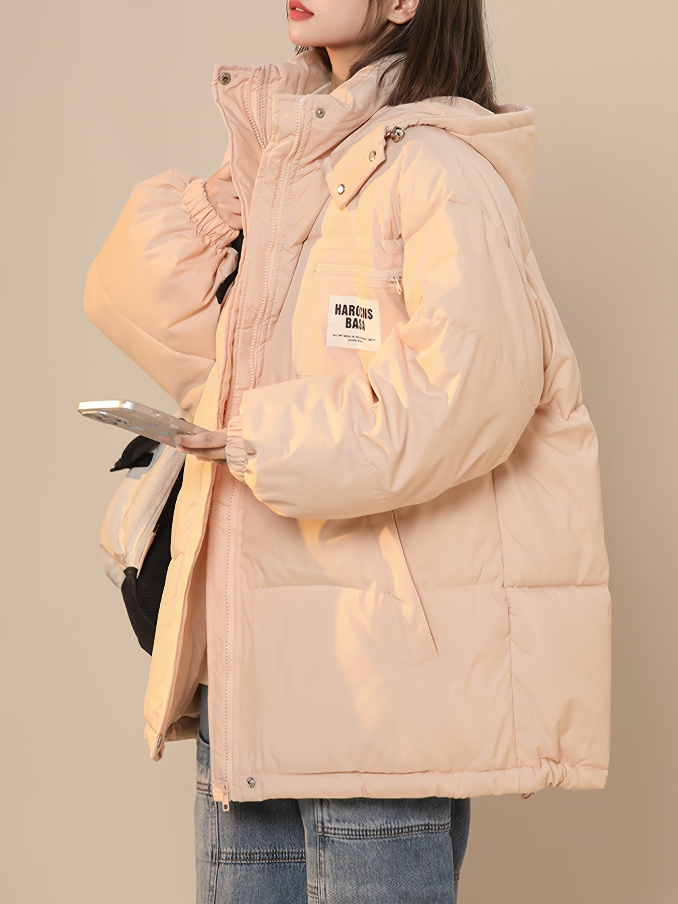 letter label patched hooded coat versatile long sleeve zipper thermal coat womens clothing details 4