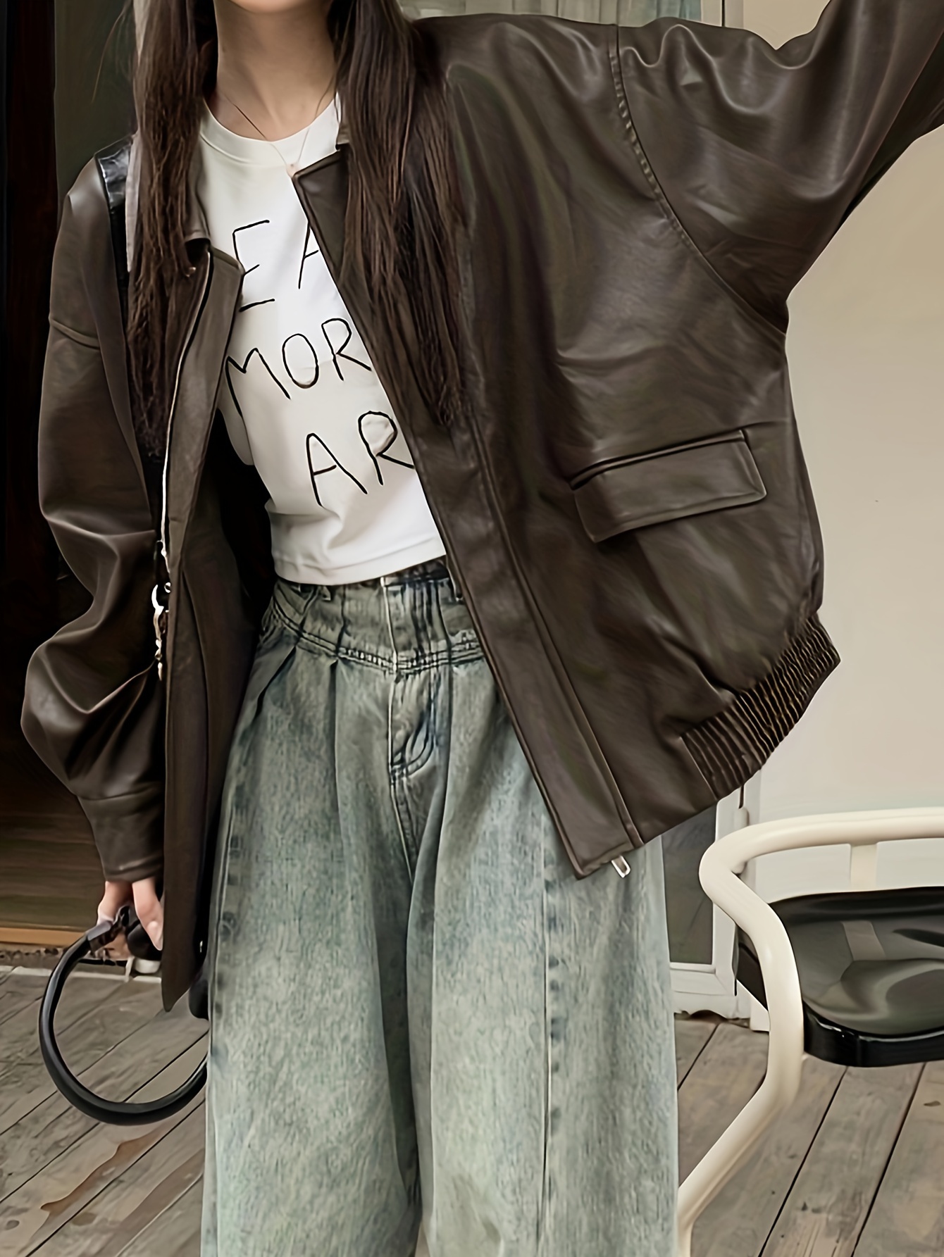 faux leather zip up jacket casual long sleeve jacket for fall winter womens clothing details 8