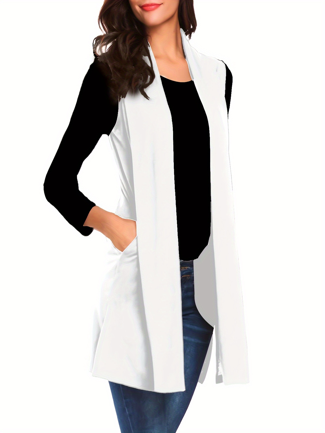 solid sleeveless vest elegant mid length open front vest with pockets womens clothing details 5