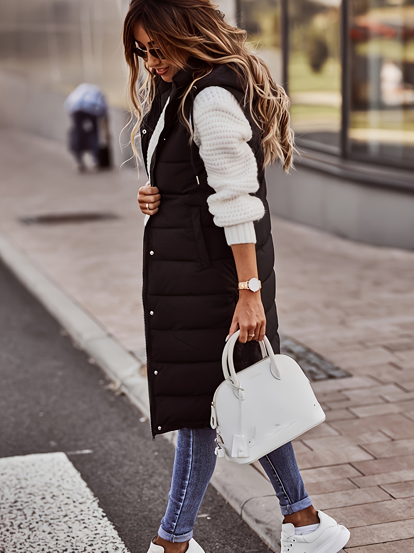 button front hooded coat casual sleeveless long length outerwear womens clothing details 2