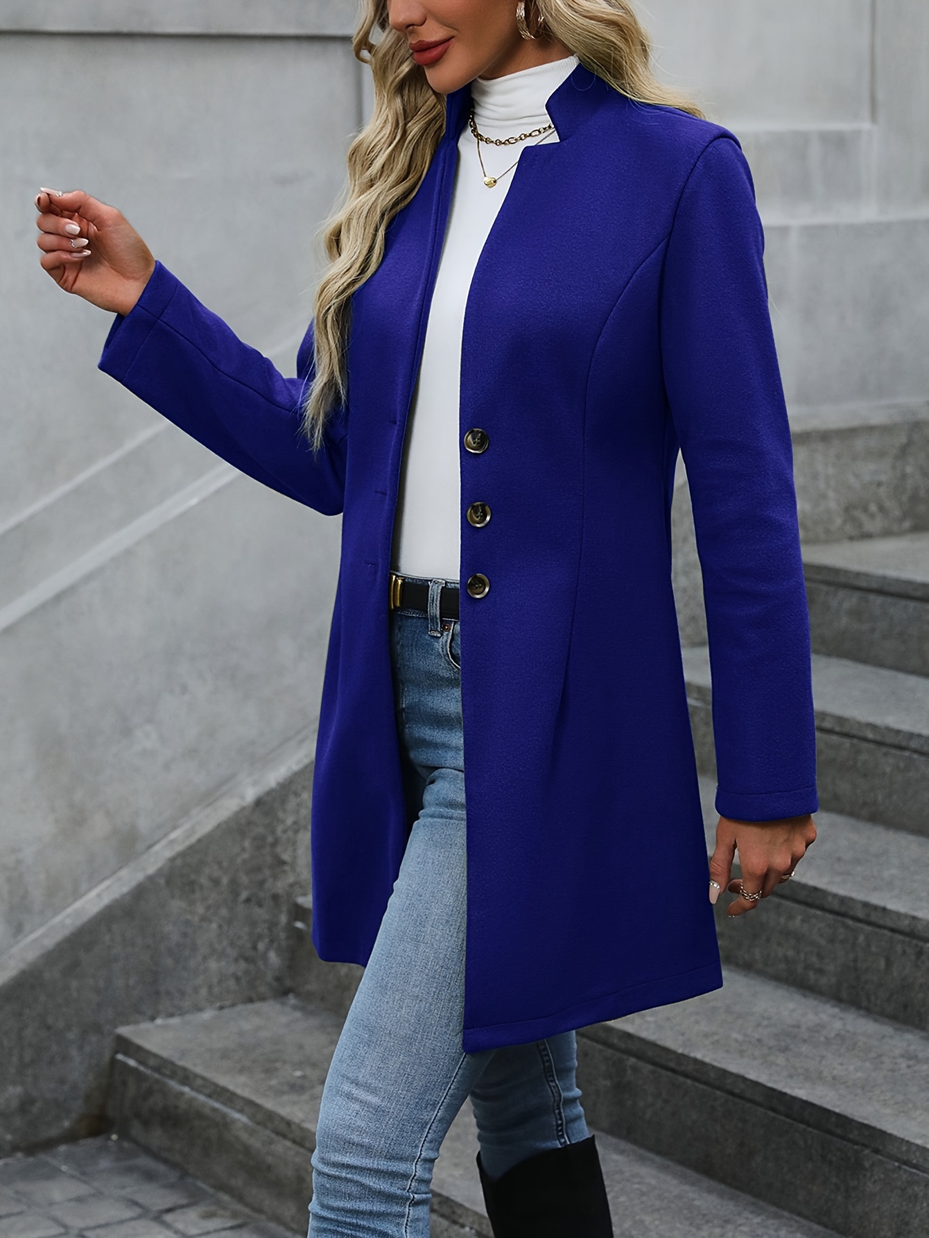 solid button front tunic overcoat elegant long sleeve winter outwear womens clothing details 10