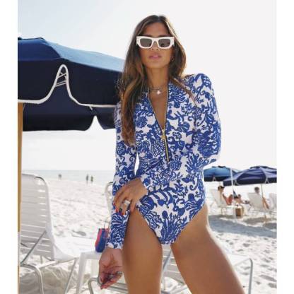 Blue-and-white porcelain Long Sleeve One Piece Swimsuit