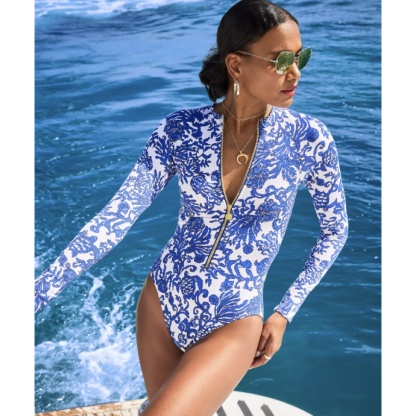 Blue-and-white porcelain Long Sleeve One Piece Swimsuit