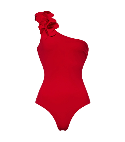 Oblique Shoulder 3D Flower Color Block One Piece Swimsuit And Skirt