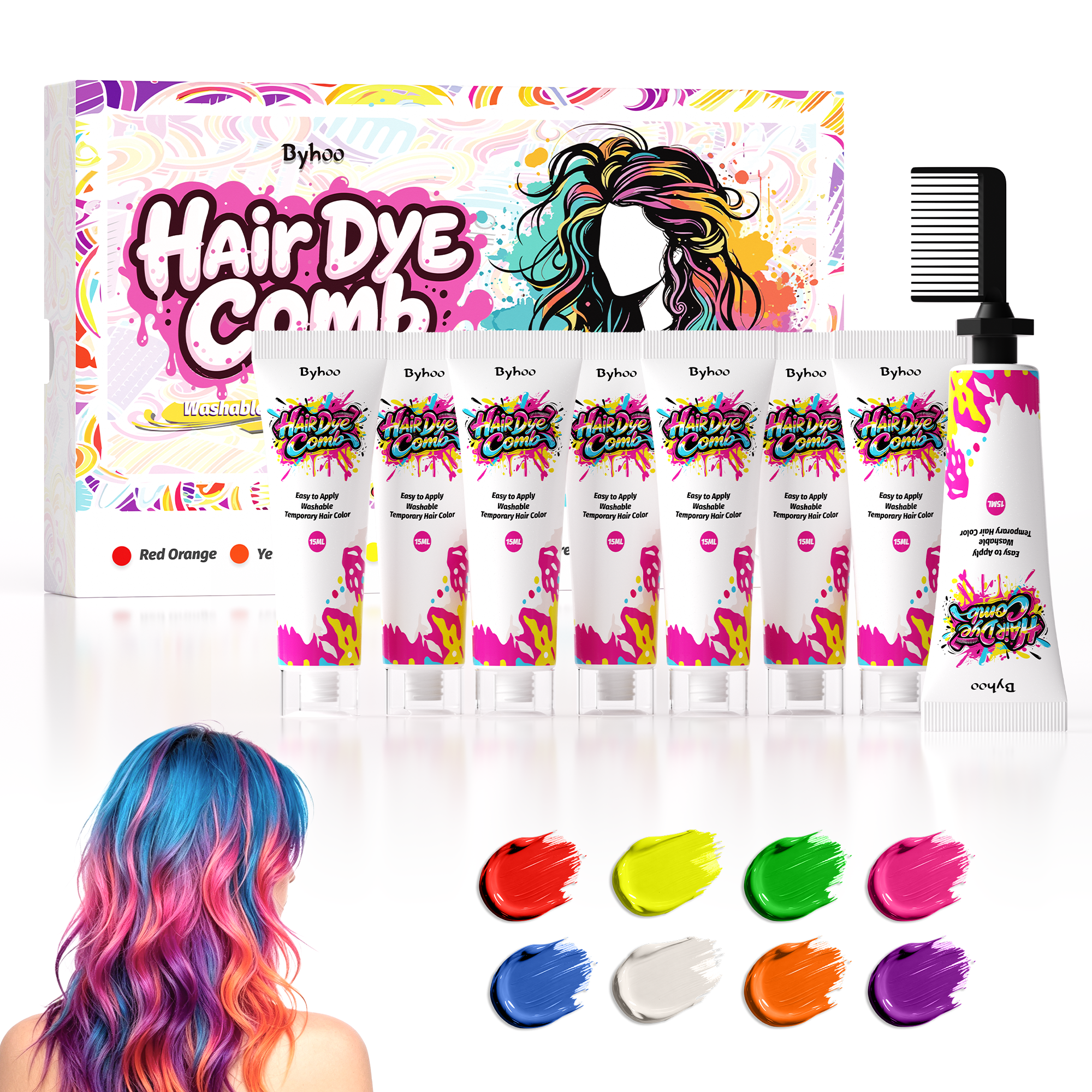 Byhoo Temporary Hair Dye 8-Pc Kit with Combs, Glitter, Stickers & More. Washable Glow in the Dark Hair Dye for Kids, Hair & Body Color for Halloween, Cosplay & Parties, Glows Under UV/Blacklight