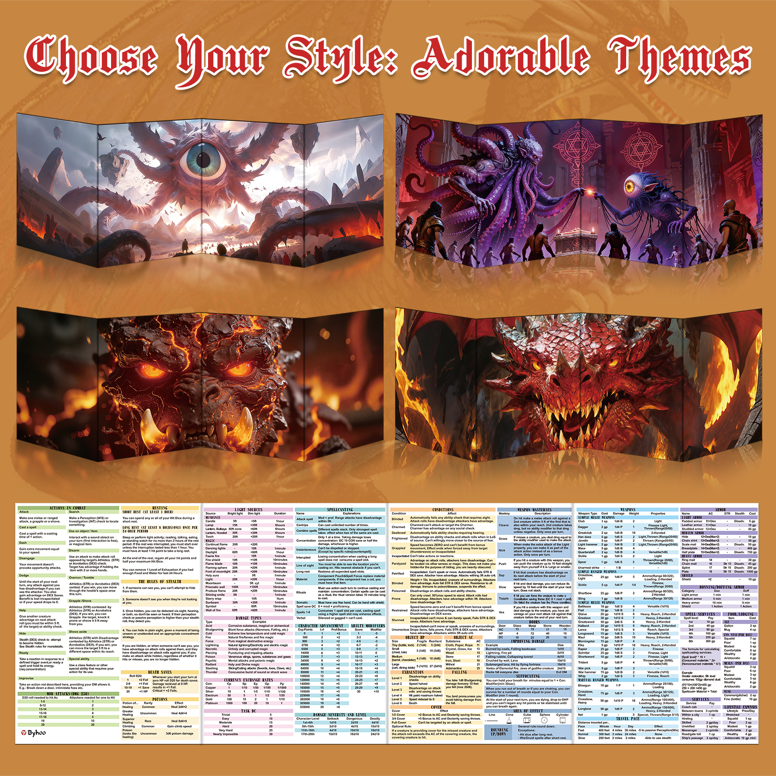 Byhoo DM Screen with Immersive Monstrous Lords Themes - Premium DM Screen 5e for D&D, Waterproof Reusable Surface, Tri-Fold Portable A4 Size Compatible with 5E Rules