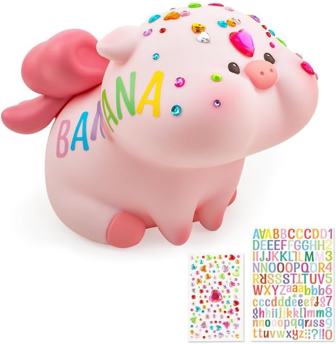 Lovely Piggy Bank for Kids, Plastic Pig Coin and Money Bank, Large Size Kids Piggy Bank with Name Sticker and Stickable Rhinestones, Ideal Birthday Easter for Girls Boys
