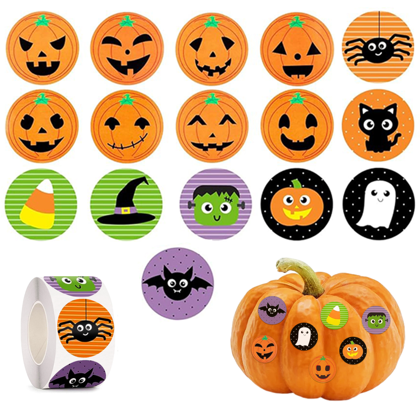 Halloween Stickers for Kids, 1000 Pcs Byhoo Halloween Pumpkin Bat Spider Stickers Roll, 16 Vibrant Colors and Designs, Round Seal Label Stickers, Envelope Seals Paster for Halloween Party Decorations