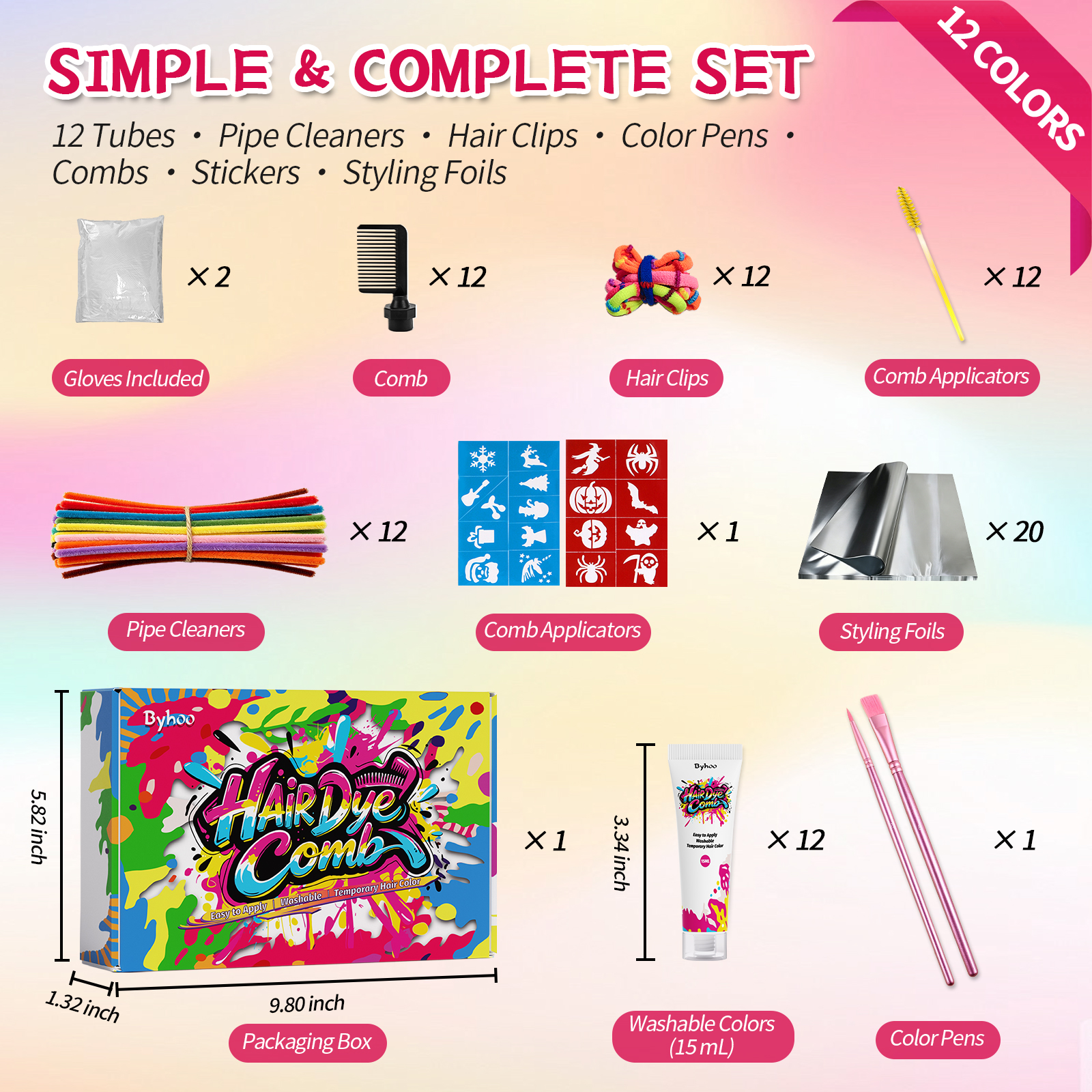 Byhoo Temporary Hair Dye 12-Tube Kit for Dark Hair with Combs & Clips