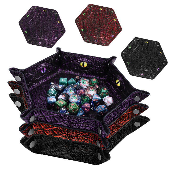 Byhoo 3 Pieces Crocodile Pattern DND Dice Tray, Foldable Hexagonal Dice Rolling Tray, Glow-in-The-Dark Eye Dice Tray, Perfect for RPGs, DND, and Tabletop Games(Black/Purple/Red)
